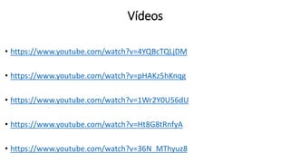 Vídeos
• https://www.youtube.com/watch?v=4YQBcTQLjDM
• https://www.youtube.com/watch?v=pHAKz5hKnqg
• https://www.youtube.com/watch?v=1Wr2Y0U56dU
• https://www.youtube.com/watch?v=Ht8G8tRnfyA
• https://www.youtube.com/watch?v=36N_MThyuz8
 