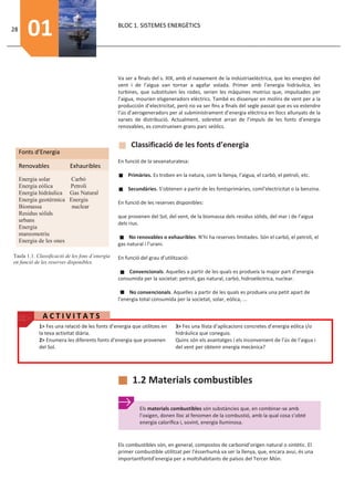 28
        01                                      BLOC 1. SISTEMES ENERGÈTICS




                                                Va ser a ﬁnals del s. XIX, amb el naixement de la indústriaelèctrica, que les energies del
                                                vent i de l’aigua van tornar a agafar volada. Primer amb l’energia hidràulica, les
                                                turbines, que substituïen les rodes, serien les màquines motrius que, impulsades per
                                                l’aigua, mourien elsgeneradors elèctrics. També es dissenyar en molins de vent per a la
                                                producción d’electricitat, però no va ser ﬁns a ﬁnals del segle passat que es va estendre
                                                l’ús d’aerogeneradors per al subministrament d’energia elèctrica en llocs allunyats de la
                                                xarxes de distribució. Actualment, sobretot arran de l’impuls de les fonts d’energia
                                                renovables, es construeixen grans parc seòlics.


                                                      Classificació de les fonts d’energia
     Fonts d’Energia
                                                En funció de la sevanaturalesa:
     Renovables           Exhauribles
                                                    Primàries. Es troben en la natura, com la llenya, l’aigua, el carbó, el petroli, etc.
     Energia solar       Carbó
     Energia eólica      Petroli                    Secundàries. S’obtenen a partir de les fontsprimàries, coml’electricitat o la benzina.
     Energia hidráulica Gas Natural
     Energia geotérmica Energia                 En funció de les reserves disponibles:
     Biomassa            nuclear
     Residus sòlids                             que provenen del Sol, del vent, de la biomassa dels residus sòlids, del mar i de l’aigua
     urbans
                                                dels rius.
     Energia
     mareomotriu
                                                     No renovables o exhauribles. N’hi ha reserves limitades. Són el carbó, el petroli, el
     Energia de les ones
                                                gas natural i l’urani.

Taula 1.1. Classiﬁcació de les fons d’energia   En funció del grau d’utilització:
en funció de les reserves disponibles.
                                                    Convencionals. Aquelles a partir de les quals es produeix la major part d’energia
                                                consumida per la societat: petroli, gas natural, carbó, hidroelèctrica, nuclear.

                                                     No convencionals. Aquelles a partir de les quals es produeix una petit apart de
                                                l’energia total consumida per la societat, solar, eòlica, ...


              ACTIVITATS
            1> Fes una relació de les fonts d’energia que utilitzes en    3> Fes una llista d’aplicacions concretes d’energia eólica i/o
            la teva activitat diària.                                     hidráulica que coneguis.
            2> Enumera les diferents fonts d’energia que provenen         Quins són els avantatges i els inconvenient de l’ús de l’aigua i
            del Sol.                                                      del vent per obtenir energía mecànica?




                                                      1.2 Materials combustibles

                                                          Els materials combustibles són substàncies que, en combinar-se amb
                                                          l’oxigen, donen lloc al fenomen de la combustió, amb la qual cosa s’obté
                                                          energia caloríﬁca i, sovint, energia lluminosa.


                                                Els combustibles són, en general, compostos de carbonid’origen natural o sintètic. El
                                                primer combustible utilitzat per l’ésserhumà va ser la llenya, que, encara avui, és una
                                                importantfontd’energia per a moltshabitants de països del Tercer Món.
 