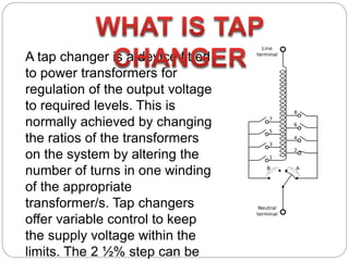 A tap changer is a device fitted
to power transformers for
regulation of the output voltage
to required levels. This is
normally achieved by changing
the ratios of the transformers
on the system by altering the
number of turns in one winding
of the appropriate
transformer/s. Tap changers
offer variable control to keep
the supply voltage within the
limits. The 2 ½% step can be
 