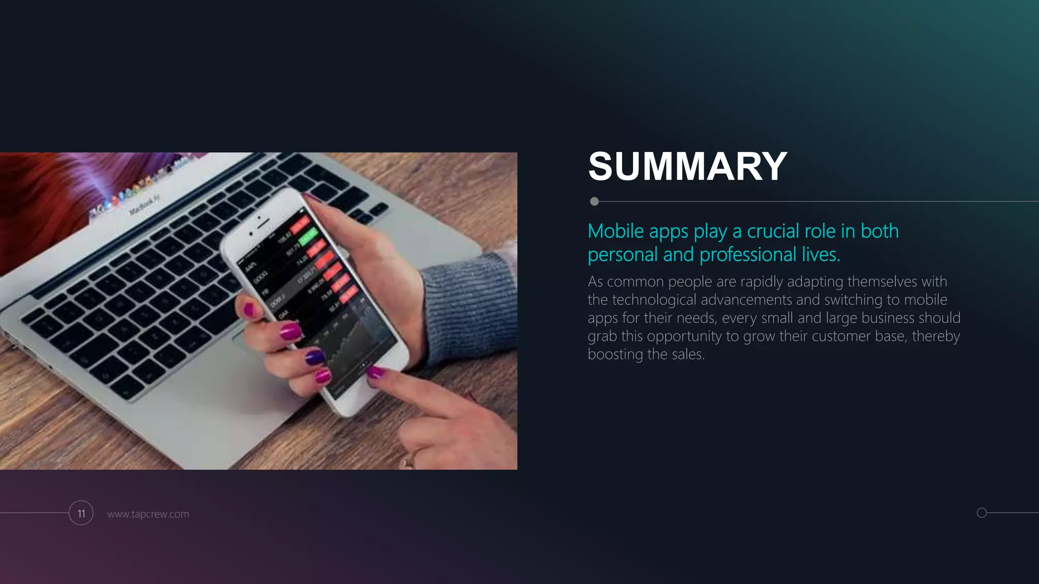 SUMMARY
Mobile apps play a crucial role in both
personal and professional lives.
As common people are rapidly adapting themselves with
the technological advancements and switching to mobile
apps for their needs, every small and large business should
grab this opportunity to grow their customer base, thereby
boosting the sales.
11 www.tapcrew.com
 