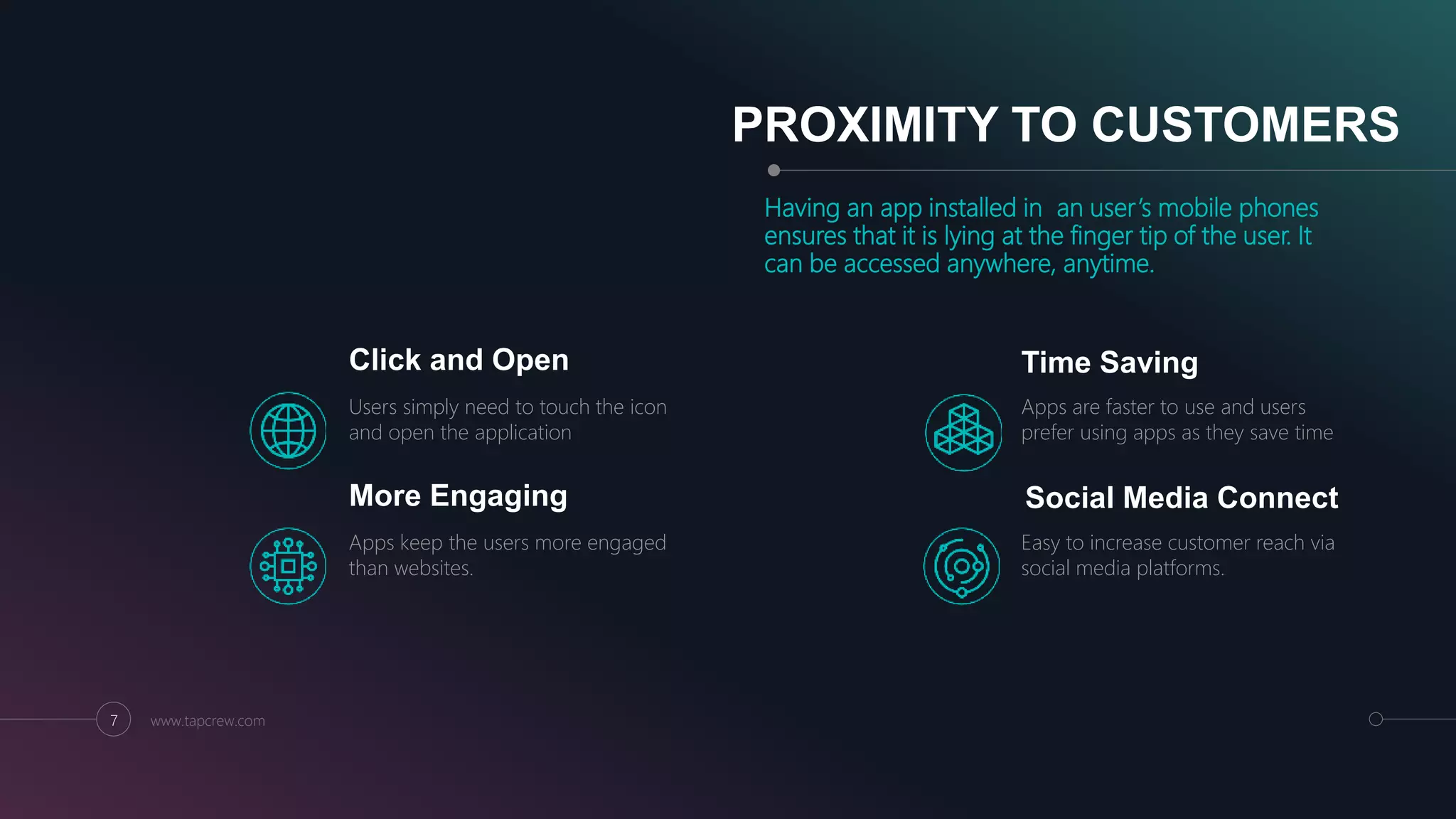 www.tapcrew.com7
PROXIMITY TO CUSTOMERS
Having an app installed in an user’s mobile phones
ensures that it is lying at the finger tip of the user. It
can be accessed anywhere, anytime.
Users simply need to touch the icon
and open the application
Click and Open
Apps keep the users more engaged
than websites.
More Engaging
Apps are faster to use and users
prefer using apps as they save time
Time Saving
Easy to increase customer reach via
social media platforms.
Social Media Connect
 