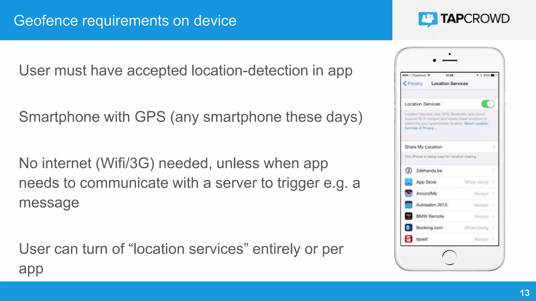 13
Geofence requirements on device
User must have accepted location-detection in app
Smartphone with GPS (any smartphone these days)
No internet (Wifi/3G) needed, unless when app
needs to communicate with a server to trigger e.g. a
message
User can turn of “location services” entirely or per
app
 
