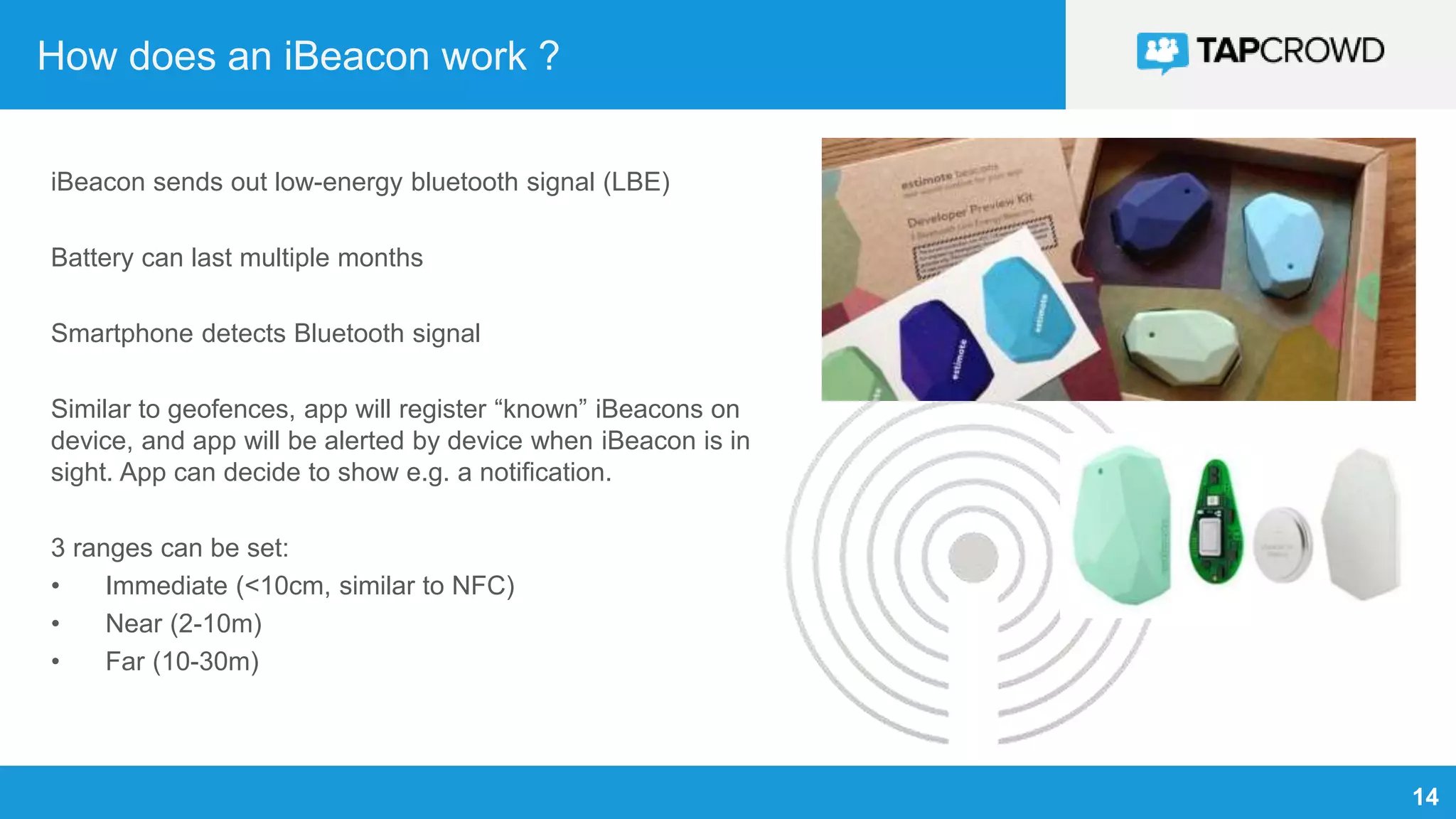 14
How does an iBeacon work ?
iBeacon sends out low-energy bluetooth signal (LBE)
Battery can last multiple months
Smartphone detects Bluetooth signal
Similar to geofences, app will register “known” iBeacons on
device, and app will be alerted by device when iBeacon is in
sight. App can decide to show e.g. a notification.
3 ranges can be set:
• Immediate (<10cm, similar to NFC)
• Near (2-10m)
• Far (10-30m)
 