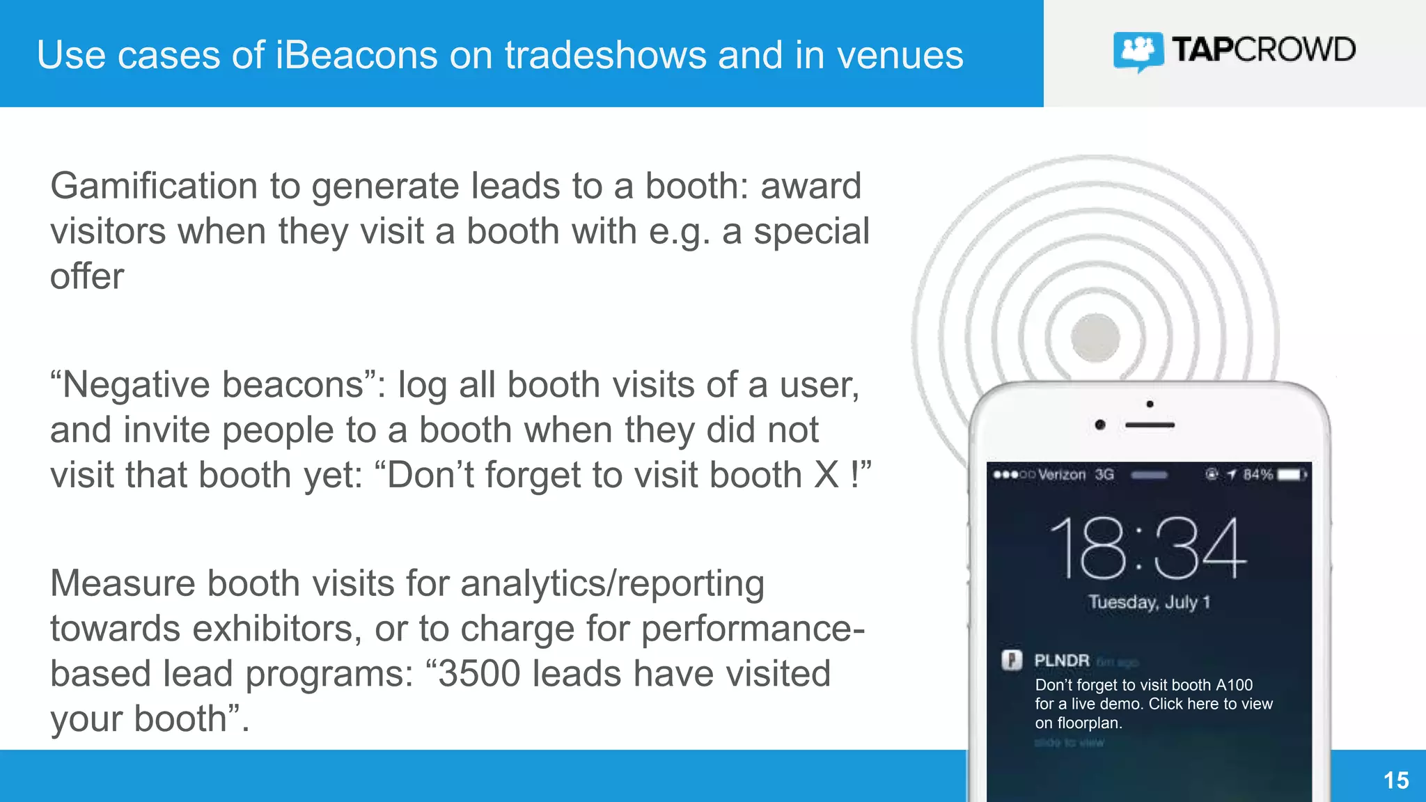 15
Use cases of iBeacons on tradeshows and in venues
Gamification to generate leads to a booth: award
visitors when they visit a booth with e.g. a special
offer
“Negative beacons”: log all booth visits of a user,
and invite people to a booth when they did not
visit that booth yet: “Don’t forget to visit booth X !”
Measure booth visits for analytics/reporting
towards exhibitors, or to charge for performance-
based lead programs: “3500 leads have visited
your booth”.
Don’t forget to visit booth A100
for a live demo. Click here to view
on floorplan.
 
