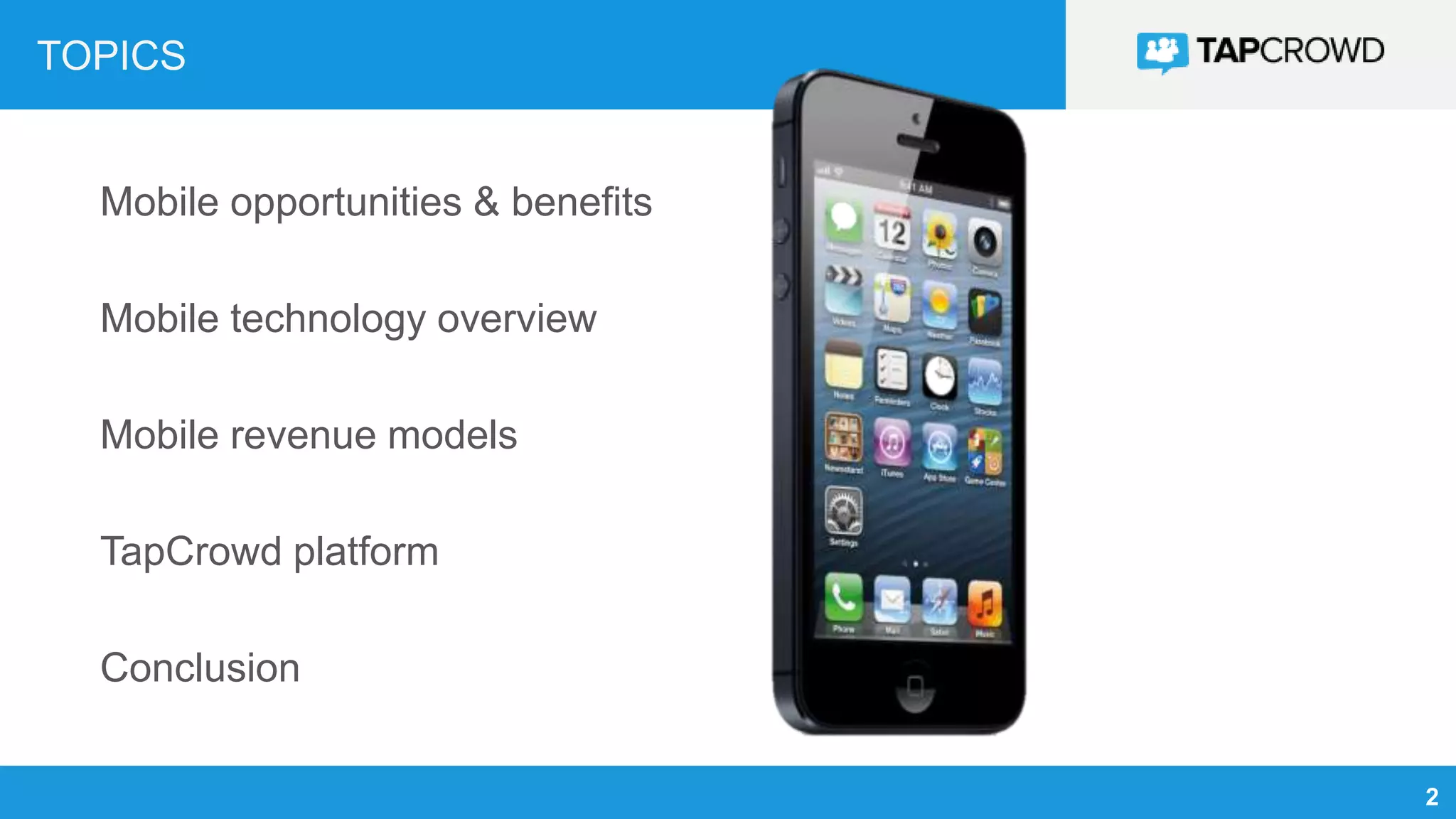2
TOPICS
Mobile opportunities & benefits
Mobile technology overview
Mobile revenue models
TapCrowd platform
Conclusion
 
