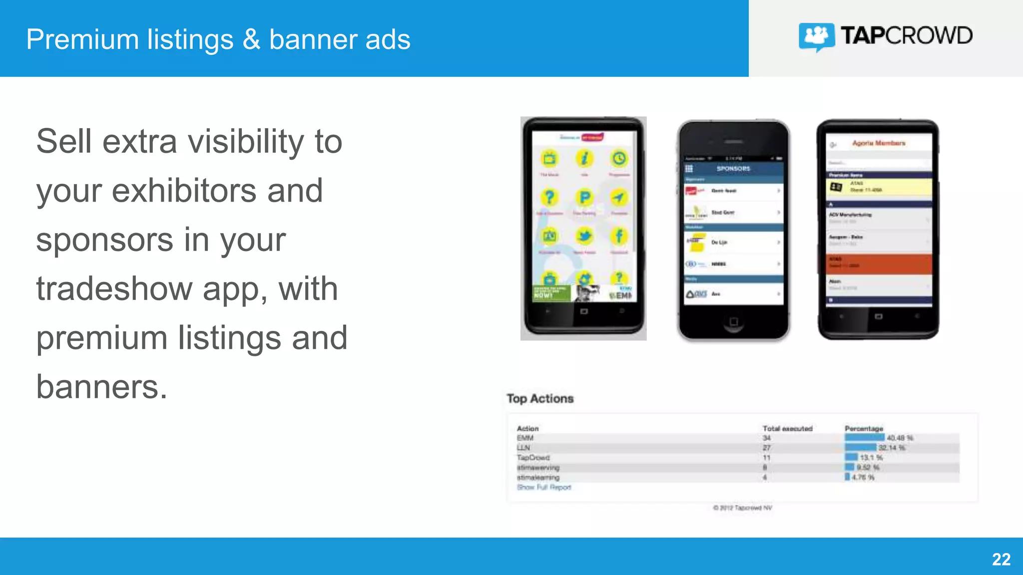 22
Premium listings & banner ads
Sell extra visibility to
your exhibitors and
sponsors in your
tradeshow app, with
premium listings and
banners.
 