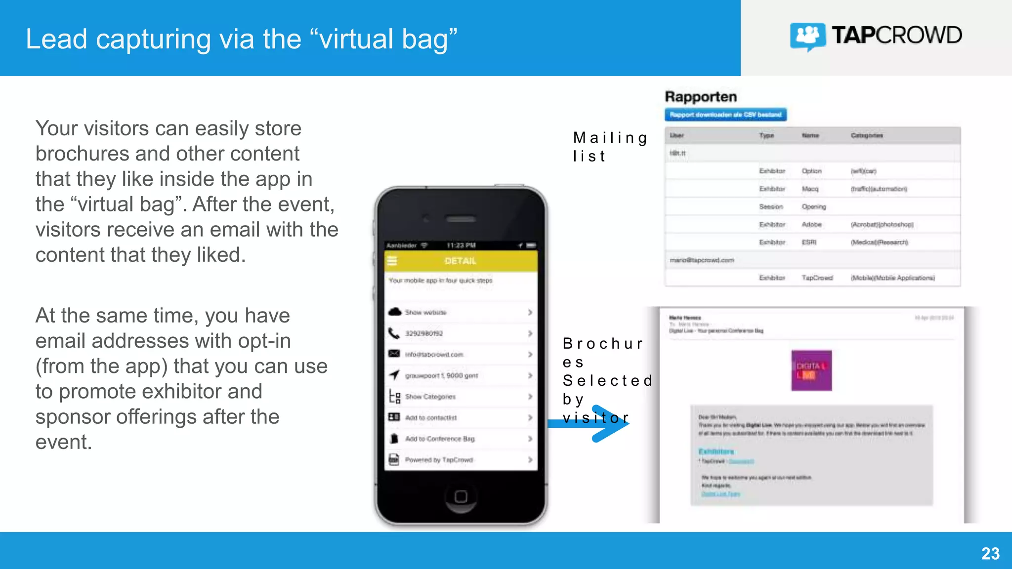 23
Lead capturing via the “virtual bag”
Your visitors can easily store
brochures and other content
that they like inside the app in
the “virtual bag”. After the event,
visitors receive an email with the
content that they liked.
At the same time, you have
email addresses with opt-in
(from the app) that you can use
to promote exhibitor and
sponsor offerings after the
event.
B r o c h u r
e s
S e l e c t e d
b y
v i s i t o r
M a i l i n g
l i s t
 