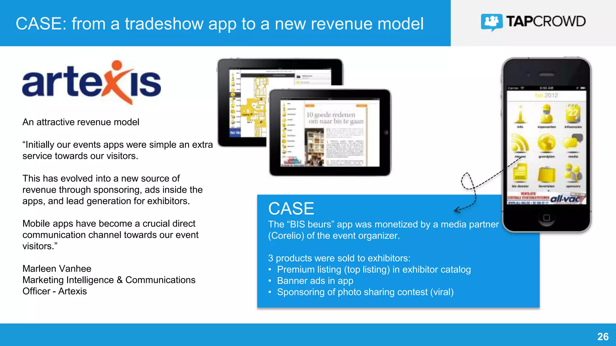 26
CASE: from a tradeshow app to a new revenue model
An attractive revenue model
“Initially our events apps were simple an extra
service towards our visitors.
This has evolved into a new source of
revenue through sponsoring, ads inside the
apps, and lead generation for exhibitors.
Mobile apps have become a crucial direct
communication channel towards our event
visitors.”
Marleen Vanhee
Marketing Intelligence & Communications
Officer - Artexis
CASE
The “BIS beurs” app was monetized by a media partner
(Corelio) of the event organizer.
3 products were sold to exhibitors:
• Premium listing (top listing) in exhibitor catalog
• Banner ads in app
• Sponsoring of photo sharing contest (viral)
 