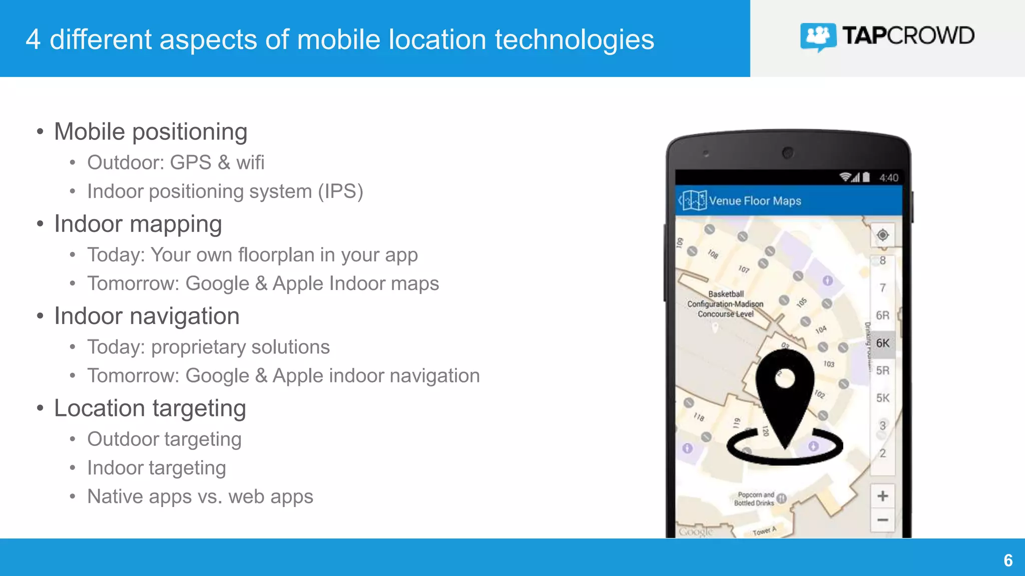6
4 different aspects of mobile location technologies
• Mobile positioning
• Outdoor: GPS & wifi
• Indoor positioning system (IPS)
• Indoor mapping
• Today: Your own floorplan in your app
• Tomorrow: Google & Apple Indoor maps
• Indoor navigation
• Today: proprietary solutions
• Tomorrow: Google & Apple indoor navigation
• Location targeting
• Outdoor targeting
• Indoor targeting
• Native apps vs. web apps
 