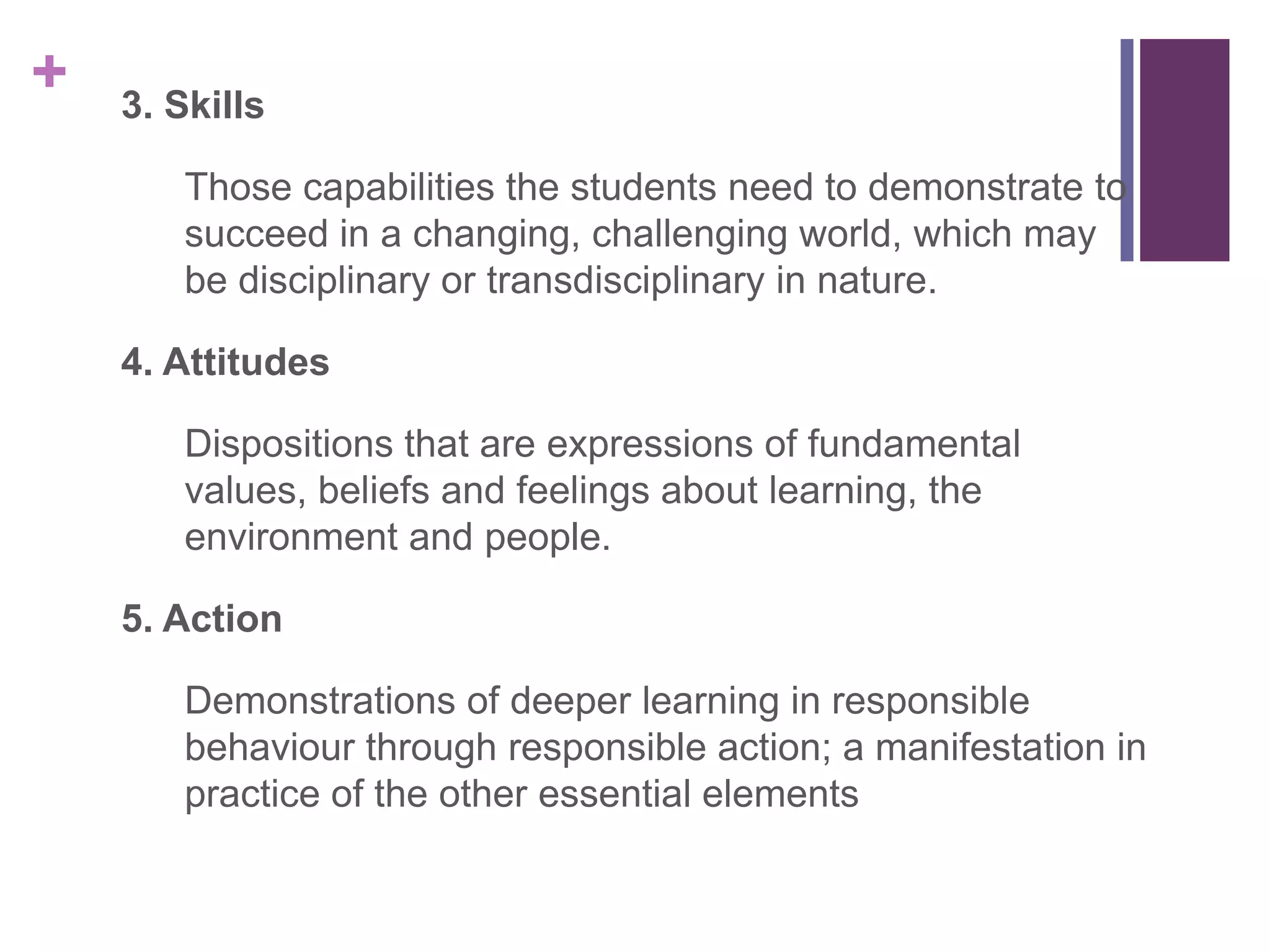 +   3. Skills

       Those capabilities the students need to demonstrate to
       succeed in a changing, challenging world, which may
       be disciplinary or transdisciplinary in nature.

    4. Attitudes

       Dispositions that are expressions of fundamental
       values, beliefs and feelings about learning, the
       environment and people.

    5. Action

       Demonstrations of deeper learning in responsible
       behaviour through responsible action; a manifestation in
       practice of the other essential elements
 
