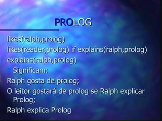 PROLOG
likes(ralph,prolog)
likes(reader,prolog) if explains(ralph,prolog)
explains(ralph,prolog)
s Significam:

Ralph gosta de prolog;
O leitor gostará de prolog se Ralph explicar
   Prolog;
Ralph explica Prolog
 
