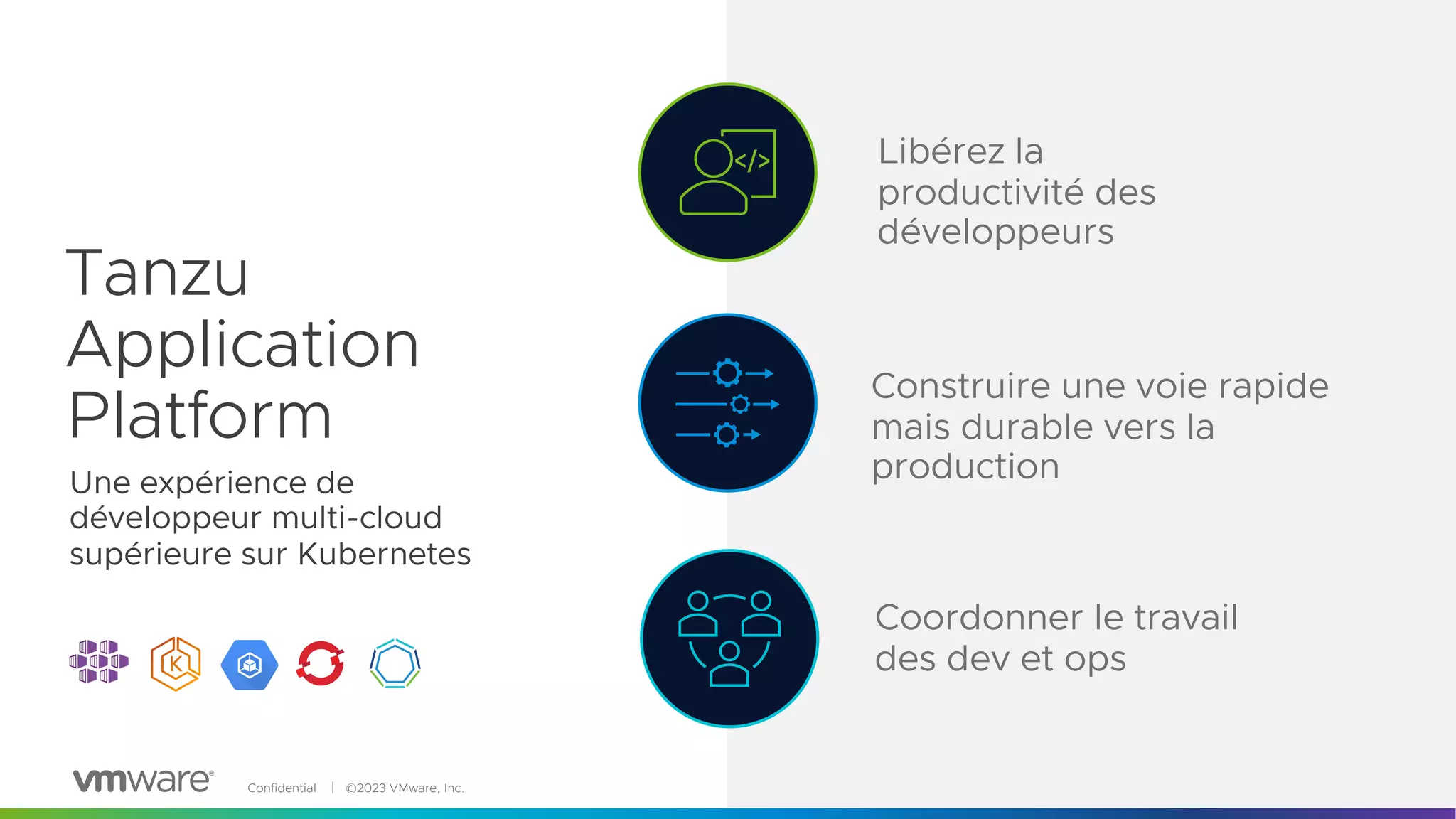 Confidential │ ©2023 VMware, Inc. 3
Tanzu
Application
Platform
Une expérience de
développeur multi-cloud
supérieure sur Kubernetes
Libérez la
productivité des
développeurs
Construire une voie rapide
mais durable vers la
production
Coordonner le travail
des dev et ops
