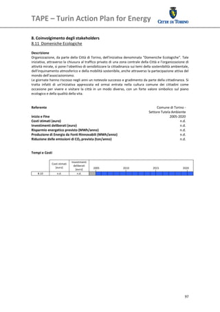 TAPE – Turin Action Plan for Energy 
 

 
8. Coinvolgimento degli stakeholders 
8.11  Domeniche Ecologiche 
 
Descrizione 
Organizzazione, da parte della Città di Torino, dell'iniziativa denominata "Domeniche Ecologiche". Tale 
iniziativa, attraverso la chiusura al traffico privato di una zona centrale della Città e l’organizzazione di 
attività mirate, si pone l’obiettivo di sensibilizzare la cittadinanza sui temi della sostenibilità ambientale, 
dell'inquinamento atmosferico e della mobilità sostenibile, anche attraverso la partecipazione attiva del 
mondo dell’associazionismo. 
Le giornate hanno riscosso negli anni un notevole successo e gradimento da parte della cittadinanza. Si 
tratta  infatti  di  un'iniziativa  apprezzata  ed  ormai  entrata  nella  cultura  comune  dei  cittadini  come 
occasione  per  vivere  e  visitare  la  città  in  un  modo  diverso,  con  un  forte  valore  simbolico  sul  piano 
ecologico e della qualità della vita. 
 
 
Referente                                                                                     Comune di Torino ‐
                                                                                         Settore Tutela Ambiente 
Inizio e Fine                                                                                          2005‐2020
Costi stimati (euro)                                                                                            n.d.
Investimenti deliberati (euro)                                                                                  n.d.
Risparmio energetico previsto (MWh/anno)                                                                        n.d. 
Produzione di Energia da Fonti Rinnovabili (MWh/anno)                                                           n.d.
Riduzione delle emissioni di CO2 prevista (ton/anno)                                                            n.d.
 
 
Tempi e Costi 
 
                                Investimenti 
               Costi stimati 
                                  deliberati 
                  [euro]                             2005                       2010                   2015                   2020 
                                   [euro] 
    8.10           n.d.              n.d.                                                                                           
 
 
 
 




                                                                                                                                  97
 