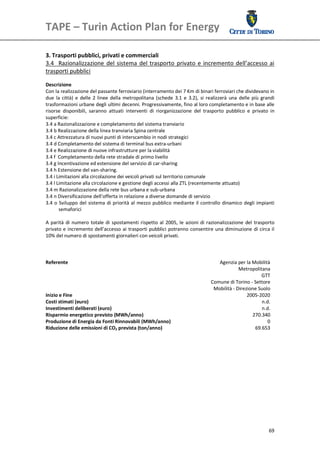 TAPE – Turin Action Plan for Energy 
 

 
3. Trasporti pubblici, privati e commerciali 
3.4    Razionalizzazione  del  sistema  del  trasporto  privato  e  incremento  dell’accesso  ai 
trasporti pubblici 
 
Descrizione 
Con la realizzazione del passante ferroviario (interramento dei 7 Km di binari ferroviari che dividevano in 
due  la  città)  e  delle  2  linee  della  metropolitana  (schede  3.1  e  3.2),  si  realizzerà  una  delle  più  grandi 
trasformazioni urbane degli ultimi decenni. Progressivamente, fino al loro completamento e in base alle 
risorse  disponibili,  saranno  attuati  interventi  di  riorganizzazione  del  trasporto  pubblico  e  privato  in 
superficie: 
3.4 a Razionalizzazione e completamento del sistema tranviario
3.4 b Realizzazione della linea tranviaria Spina centrale 
3.4 c Attrezzatura di nuovi punti di interscambio in nodi strategici 
3.4 d Completamento del sistema di terminal bus extra‐urbani 
3.4 e Realizzazione di nuove infrastrutture per la viabilità 
3.4 f  Completamento della rete stradale di primo livello 
3.4 g Incentivazione ed estensione del servizio di car‐sharing 
3.4 h Estensione del van‐sharing.  
3.4 i Limitazioni alla circolazione dei veicoli privati sul territorio comunale 
3.4 l Limitazione alla circolazione e gestione degli accessi alla ZTL (recentemente attuato) 
3.4 m Razionalizzazione della rete bus urbana e sub‐urbana 
3.4 n Diversificazione dell’offerta in relazione a diverse domande di servizio 
3.4  o  Sviluppo  del  sistema  di  priorità  al  mezzo  pubblico  mediante  il  controllo  dinamico  degli  impianti 
       semaforici 
 
A  parità  di  numero  totale  di  spostamenti  rispetto  al  2005,  le  azioni  di  razionalizzazione  del  trasporto 
privato e  incremento  dell’accesso  ai  trasporti  pubblici  potranno  consentire  una diminuzione  di circa il 
10% del numero di spostamenti giornalieri con veicoli privati. 
 
 
 
Referente                                                                                     Agenzia per la Mobilità 
                                                                                                       Metropolitana 
                                                                                                                    GTT
                                                                                         Comune di Torino ‐ Settore 
                                                                                           Mobilità ‐ Direzione Suolo 
Inizio e Fine                                                                                               2005‐2020
Costi stimati (euro)                                                                                                 n.d.
Investimenti deliberati (euro)                                                                                       n.d. 
Risparmio energetico previsto (MWh/anno)                                                                       270.340
Produzione di Energia da Fonti Rinnovabili (MWh/anno)                                                                   0
Riduzione delle emissioni di CO2 prevista (ton/anno)                                                             69.653
 
 
 
 
 
 
 
 
 
 
 




                                                                                                                       69
 