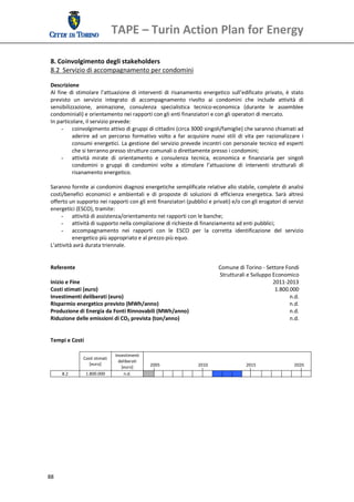 TAPE – Turin Action Plan for Energy 
  
 8. Coinvolgimento degli stakeholders 
 8.2  Servizio di accompagnamento per condomini 
  
 Descrizione 
 Al  fine  di  stimolare  l’attuazione  di  interventi  di  risanamento  energetico  sull’edificato  privato,  è  stato 
 previsto  un  servizio  integrato  di  accompagnamento  rivolto  ai  condomini  che  include  attività  di 
 sensibilizzazione,  animazione,  consulenza  specialistica  tecnico‐economica  (durante  le  assemblee 
 condominiali) e orientamento nei rapporti con gli enti finanziatori e con gli operatori di mercato.  
 In particolare, il servizio prevede: 
       - coinvolgimento attivo di gruppi di cittadini (circa 3000 singoli/famiglie) che saranno chiamati ad 
            aderire  ad  un  percorso  formativo  volto  a  far  acquisire  nuovi  stili  di  vita  per  razionalizzare  i 
            consumi energetici. La gestione del servizio prevede incontri con personale tecnico ed esperti 
            che si terranno presso strutture comunali o direttamente presso i condomini; 
       - attività  mirate  di  orientamento  e  consulenza  tecnica,  economica  e  finanziaria  per  singoli 
            condomini  o  gruppi  di  condomini  volte  a  stimolare  l’attuazione  di  interventi  strutturali  di 
            risanamento energetico.  
  
 Saranno fornite ai condomini diagnosi energetiche semplificate relative allo stabile, complete di analisi 
 costi/benefici  economici  e  ambientali  e  di  proposte  di  soluzioni  di  efficienza  energetica.  Sarà  altresì 
 offerto un supporto nei rapporti con gli enti finanziatori (pubblici e privati) e/o con gli erogatori di servizi 
 energetici (ESCO), tramite: 
       - attività di assistenza/orientamento nei rapporti con le banche;  
       - attività di supporto nella compilazione di richieste di finanziamento ad enti pubblici;  
       - accompagnamento  nei  rapporti  con  le  ESCO  per  la  corretta  identificazione  del  servizio 
            energetico più appropriato e al prezzo più equo. 
 L’attività avrà durata triennale.  
  
  
 Referente                                                                    Comune di Torino ‐ Settore Fondi 
                                                                               Strutturali e Sviluppo Economico 
 Inizio e Fine                                                                                              2011‐2013
 Costi stimati (euro)                                                                                        1.800.000
 Investimenti deliberati (euro)                                                                                    n.d. 
 Risparmio energetico previsto (MWh/anno)                                                                          n.d.
 Produzione di Energia da Fonti Rinnovabili (MWh/anno)                                                             n.d.
 Riduzione delle emissioni di CO2 prevista (ton/anno)                                                              n.d.
  
  
 Tempi e Costi 
  
                                 Investimenti 
                Costi stimati 
                                   deliberati 
                   [euro]                             2005                       2010                   2015                   2020 
                                    [euro] 
      8.2        1.800.000            n.d.                                                                                          
  




88 
  
 