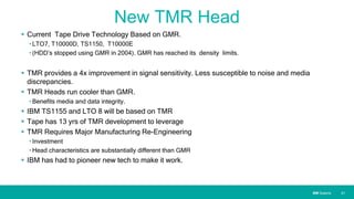 IBM SystemsIBM Systems
New TMR Head
 Current Tape Drive Technology Based on GMR.
• LTO7, T10000D, TS1150, T10000E
• (HDD’s stopped using GMR in 2004). GMR has reached its density limits.
 TMR provides a 4x improvement in signal sensitivity. Less susceptible to noise and media
discrepancies.
 TMR Heads run cooler than GMR.
• Benefits media and data integrity.
 IBM TS1155 and LTO 8 will be based on TMR
 Tape has 13 yrs of TMR development to leverage
 TMR Requires Major Manufacturing Re-Engineering
• Investment
• Head characteristics are substantially different than GMR
 IBM has had to pioneer new tech to make it work.
| 21
 