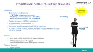 IBM Systems
IBM Storage & SDI
Highlights
• Delivers increased capacity:
 12 TB/Cartridge (uncompressed)
 Full High Maximum data rate = 360 MB/s
 Half High Maximum data rate = 300 MB/s
• Read/write support of LTO7 media (BaFe)
• Support new LTO7 media with 9 TB
• Support to write-once-read-many (WORM) cartridges
• Available for IBM: TS2900, TS4300, TS4500, TS3500 / TS3100, TS3200,
TS3310 / TS2200
Features
• Encryption – AME and AES-256 standard support
• IBM Spectrum Archive™ support
 Incorporates Linear Tape File System™ format
Platform Support
• Open systems
I am ready
Announcing
October 10
LTO8 Offered in Full High FC, Half High FC and SAS
Available as OEM products and will be integrated into the 3584,
Low End Libraries and Complementary products
 