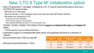IBM SystemsIBM Systems
New “LTO 8 Type M“ initialization option
 New LTO generation 7 cartridges initialized as LTO - 8 Type M media will be able to store up to
22.5TB (9 TB native) of data.
• IBM refer this as “M8 media”
• New barcode label – LTO7 Cartridges need to have Barcode Label "M8" (Media Identifier)
• M8 needs to be initialized for 9 TB
• Works only for brand new Media
• Up-Format (eg. Jaguar) is not supported
• None initialized M8 Media will work in LTO7 Format (aka 6 TB)
 TS4500, TS4300, TS2900, TS31/3200 & TS3310 support un-initialized M8 media and initialize M8
Media
• TS3500 supports only pre-intialized M8 Media
 Inadvertent usage of un-initialized M8 media (when not supported) will result in a reduction in
capacity
 No commitment that LTO9 can read M8
 M8 has the best $/GB (below 1 Cent)
| 23
 
