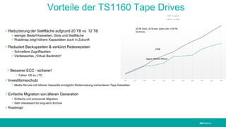 IBM SystemsIBM Systems
Vorteile der TS1160 Tape Drives
Reduzierung der Stellfläche aufgrund 20 TB vs. 12 TB
weniger Bedarf Kassetten, Slots und Stellfläche
Roadmap zeigt höhere Kapazitäten auch in Zukunft
Reduziert Backupzeiten & verkürzt Restorezeiten
Schnellere Zugriffszeiten
Verbessertes „Virtual Backhitch“
Besserer ECC – sicherer!
 Faktor 100 zu LTO
Investitionsschutz
 Media Re-Use mit höherer Kapazität ermöglicht Weiternutzung vorhandener Tape Kassetten
Einfache Migration von älteren Generation
 Einfache und schonende Migration
 Sehr interessant für long-term Archive
Roadmap!
2016 2017 2018 2019 2020 2021 2022 2023 2024 2025 2026
LTO7 vs Jaguar
LTO Jaguar
20 PB Start, 10 Drives, jedes Jahr +20 PB,
10 Drives
LTO8
Jaguar Media-ReUse
 