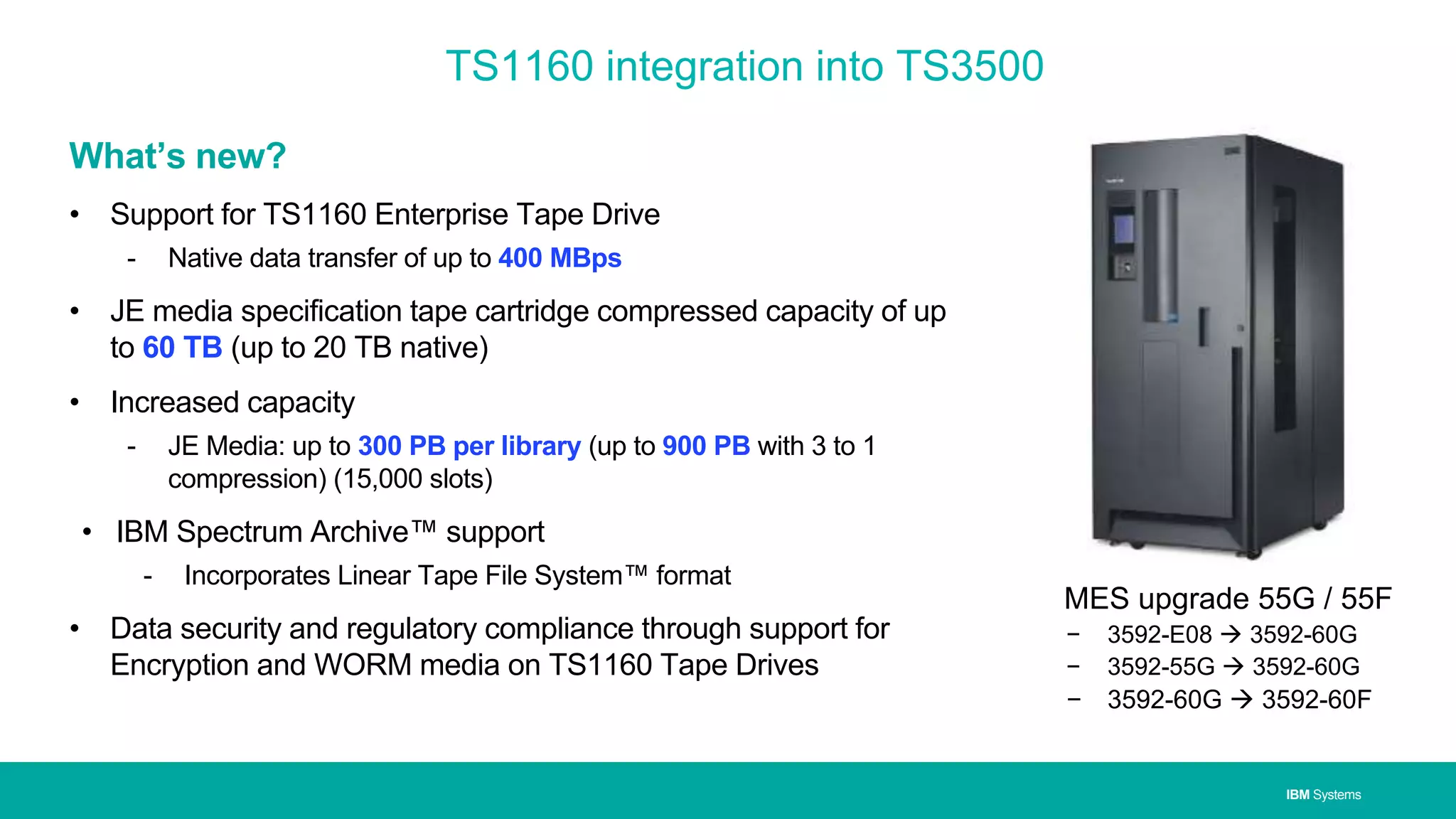 IBM Systems
TS1160 integration into TS3500
What’s new?
• Support for TS1160 Enterprise Tape Drive
- Native data transfer of up to 400 MBps
• JE media specification tape cartridge compressed capacity of up
to 60 TB (up to 20 TB native)
• Increased capacity
- JE Media: up to 300 PB per library (up to 900 PB with 3 to 1
compression) (15,000 slots)
• IBM Spectrum Archive™ support
- Incorporates Linear Tape File System™ format
• Data security and regulatory compliance through support for
Encryption and WORM media on TS1160 Tape Drives
MES upgrade 55G / 55F
− 3592-E08  3592-60G
− 3592-55G  3592-60G
− 3592-60G  3592-60F
 