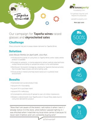 houseparty.com

                                                                                For general inquiries and
                                                                                 request for proposals:

                                                                                sales@houseparty.com

                                                                                     800-393-1102




Our campaign for Tapeña wines raised
glasses and skyrocketed sales                                                      500%      lift in
Challenge                                                                             retailer demand


Drive consumer trial and increase retailer demand for Tapeña Wines


Solution
1000 House Parties on April 30th, 2011 that...
  • Introduced thousands of consumers to Tapeña Wines within states where
    product is available
  • Provided an authentic, in-home experience where carefully selected hosts
    invited friends and family to sample the wines in a fun atmosphere
  • Reinforced the brand’s heritage by creating fun Spanish themed activities
    that included Tapas recipes and wine tasting cards.
  • Drove product interest and help brand stand out in cluttered retail
    environment
                                                                                        46
                                                                                      point increase
Results                                                                              brand familiarity

  • Generated over 32,000 product trials
  • 46 point lift in favorability
  • 51 point lift in purchase intent
  • 49 point lift in advocacy
  • Conversations online and off spread to over 2.6 million impressions
  • Retailers ordered 500% more Tapeña wine in House Party states due to
    consumer demand for product




 “Now that I am aware of the brand, I will notice it when I see it. I
 already notice it in the store, when before I passed right by it. I
 was shocked when I read that my local store carries it because I'd
 never seen it before and I am constantly buying wine”
                                                                                        51
                                                                                      point increase
                                                                                     purchase intent
                                                 @TashwandaP
 