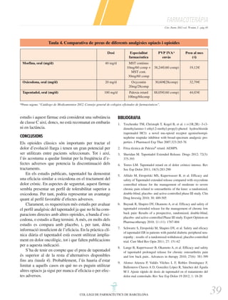 FARMACOTERÀPIA
Circ. Farm. 2012 vol. 70 núm. 2 - pàg. 83

Taula 4. Comparativa de preus de diferents analgèsics opiacis i opioides
Dosi
Morfina, oral (mg/d)

40 mg/d

Especialitat
farmacèutica

PVP IVA*
envàs

MST continus
10mg/60 comp + 38,24€(60 comp)
MST cont.
30mg/60 comp

Preu al mes
(€
)
19,12€

Oxicodona, oral (mg/d)

20 mg/d

Oxycontin
20mg/28comp

30,60€
(28comp)

32,79€

Tapentadol, oral (mg/d)

100 mg/d

Palexia retard
100mg/60comp

88,05€(60 comp)

44,03€

*Preus segons: “Catálogo de Medicamentos 2012. Consejo general de colegios oficinales de farmacéuticos”.

estudis i aquest fàrmac està considerat una substància
de classe C així, doncs, no està recomanat en embaràs
ni en lactància.
CONCLUSIONS
Els opioides clàssics són importants per tractar el
dolor d’evolució llarga i tenen un gran potencial per
ser utilitzats entre pacients seleccionats. Tot i així,
l’ús acostuma a quedar limitat per la freqüència d’efectes adversos que potencia la discontinuació dels
tractaments.
En els estudis publicats, tapentadol ha demostrat
una eficàcia similar a oxicodona en el tractament del
dolor crònic. En aspectes de seguretat, aquest fàrmac
sembla presentar un perfil de tolerabilitat superior a
oxicodona. Per tant, podria representar un avantatge
quant al perfil favorable d’efectes adversos.
Clarament, es requereixen més estudis per avaluar
el perfil analgèsic del tapentadol ja que no hi ha comparacions directes amb altres opioides, a banda d’oxicodona, o estudis a llarg termini. A més, en molts dels
estudis es compara amb placebo, i, per tant, dóna
informació insuficient de l’eficàcia. En la pràctica clínica diària el tapentadol està essent utilitzat àmpliament en dolor oncològic, tot i que falten publicacions
per a aquesta indicació.
S’ha de tenir en compte que el preu de tapentadol
és superior al de la resta d’alternatives disponibles
fins ara (taula 4). Probablement, l’ús hauria d’estar
limitat a aquells casos en què no es puguin utilitzar
altres opiacis ja sigui per manca d’eficàcia o per efectes adversos.

BIBLIOGRAFIA
1. Tzschentke TM, Christoph T, Kogel B, et al. (-)-(1R,2R) -3-(3dimethylamino-1-ethyl-2-methyl-propyl)-phenol hydrochloride
(tapentadol HCl): a novel mu-opioid receptor agonist/norepinephrine reuptake inhibitor with broad-spectrum analgesic properties. J Pharmacol Exp Ther 2007;323:265-76
2. Fitxa tècnica de Palexia® retard. AEMPS.
3. Sheridan M. Tapentadol Extended Release. Drugs 2012; 72(3):
375-393
4. Torres LM. Tapentadol retard en el dolor crónico intenso. Rev
Soc Esp Dolor 2011; 18(5):283-290
5. Afilalo M, Etropolski MS, Kuperwasser B, et al. Efficacy and
safety of Tapentadol extended release compared with oxycodone
controlled release for the management of moderate to severe
chronic pain related to osteoarthritis of the knee: a randomized,
double-blind, placebo- and active-controlled phase III study. Clin
Drug Investig 2010; 30: 489-505
6. Buynak R, Shapiro DY, Okamoto A, et al. Efficacy and safety of
tapentadol extended release for the management of chronic low
back pain: Results of a prospective, randomized, double-blind,
placebo- and active-controlled Phase III study. Expert Opinion on
Pharmacotherapy 2010; 11 (11): 1787-804
7. Schwartz S, Etropolski M, Shapiro DY, et al. Safety and eficacy
of tapentadol ER in patients with painful diabetic peripheral neuropathy : results of a randomized-withdrawal, placebo-controlled
trial. Curr Med Res Opin 2011; 27: 151-62
8. Lange B, Kuperwasser B, Okamoto A, et al. Efficacy and safety
of tapentadol prolonged release for chronic osteoarthritis pain
and low back pain.. Advances in therapy 2010; 27(6): 381-399
9. Alonso Atienza P, Valdés Vilches L F, Robles Domínguez F,
Ballesteros Chaves A D, González López R, Sánchez del Águila
M J. Ajuste rápido de dosis de tapentadol en el tratamiento del
dolor mal controlado. Rev Soc Esp Dolor 19 2012; 1: 18-20

COL·LEGI DE FARMACÈUTICS DE BARCELONA

39

 
