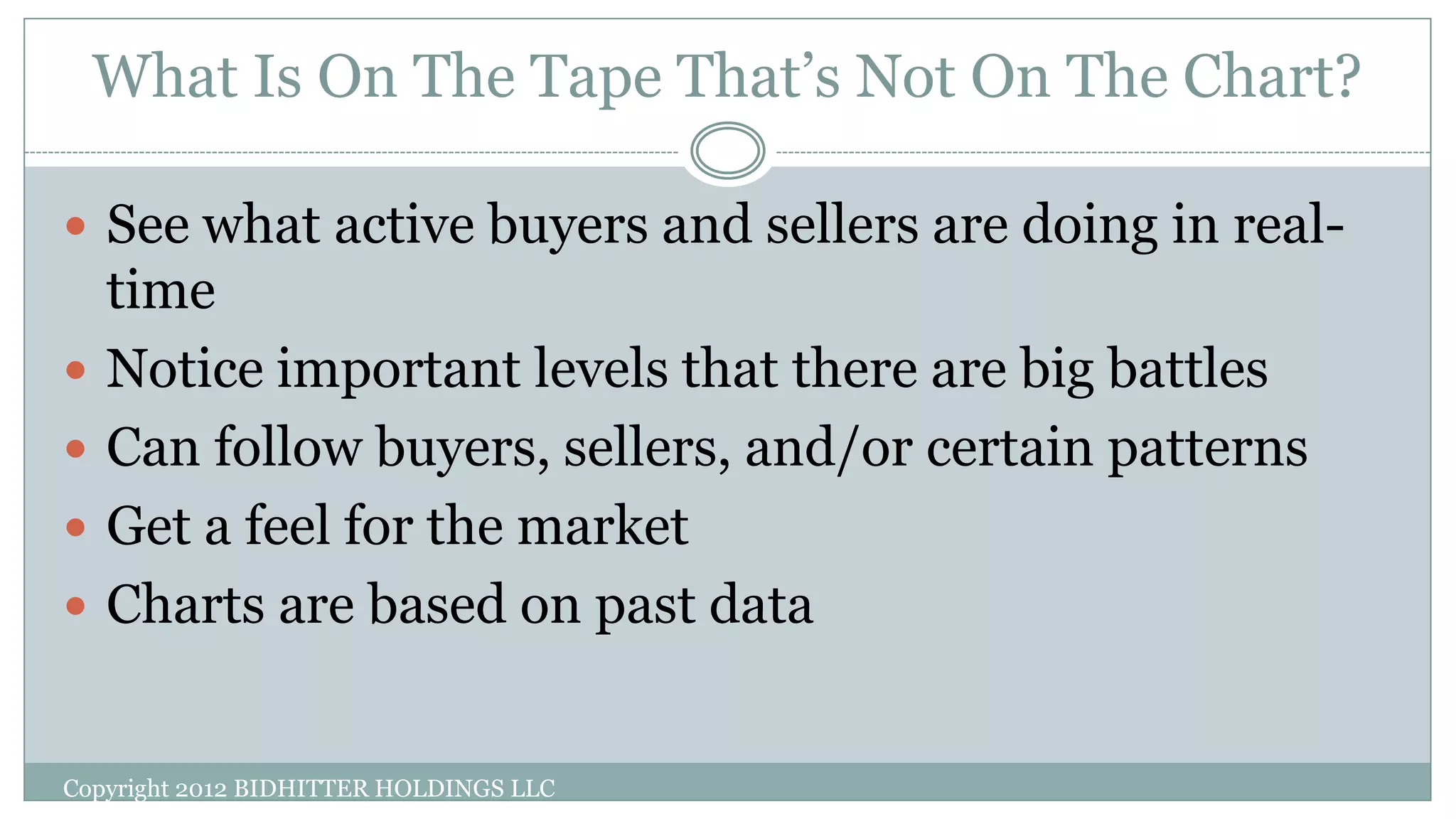 What Is On The Tape That’s Not On The Chart?
 See what active buyers and sellers are doing in real-
time
 Notice important levels that there are big battles
 Can follow buyers, sellers, and/or certain patterns
 Get a feel for the market
 Charts are based on past data
Copyright 2012 BIDHITTER HOLDINGS LLC
 
