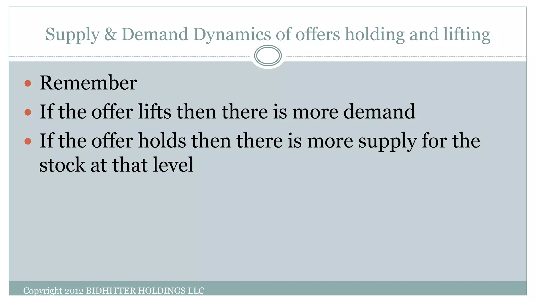 Supply & Demand Dynamics of offers holding and lifting
Copyright 2012 BIDHITTER HOLDINGS LLC
 Remember
 If the offer lifts then there is more demand
 If the offer holds then there is more supply for the
stock at that level
 