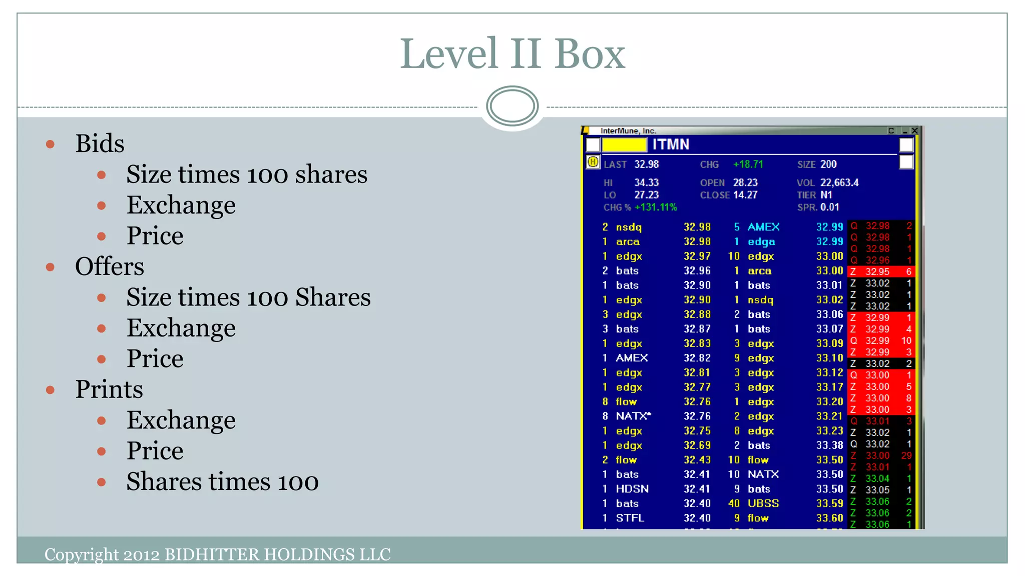 Level II Box
 Bids
 Size times 100 shares
 Exchange
 Price
 Offers
 Size times 100 Shares
 Exchange
 Price
 Prints
 Exchange
 Price
 Shares times 100
Copyright 2012 BIDHITTER HOLDINGS LLC
 