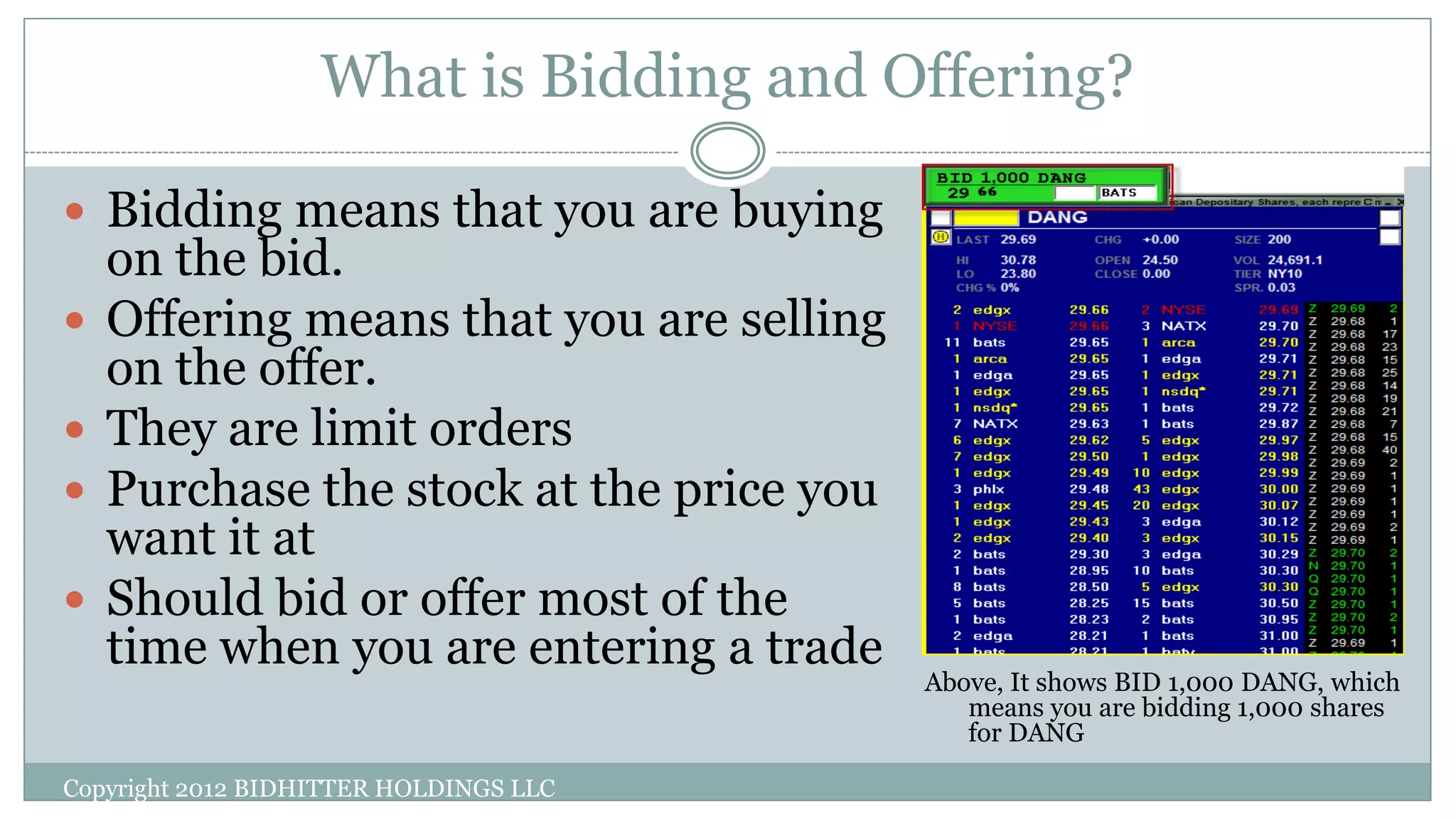 What is Bidding and Offering?
Copyright 2012 BIDHITTER HOLDINGS LLC
Above, It shows BID 1,000 DANG, which
means you are bidding 1,000 shares
for DANG
 Bidding means that you are buying
on the bid.
 Offering means that you are selling
on the offer.
 They are limit orders
 Purchase the stock at the price you
want it at
 Should bid or offer most of the
time when you are entering a trade
 
