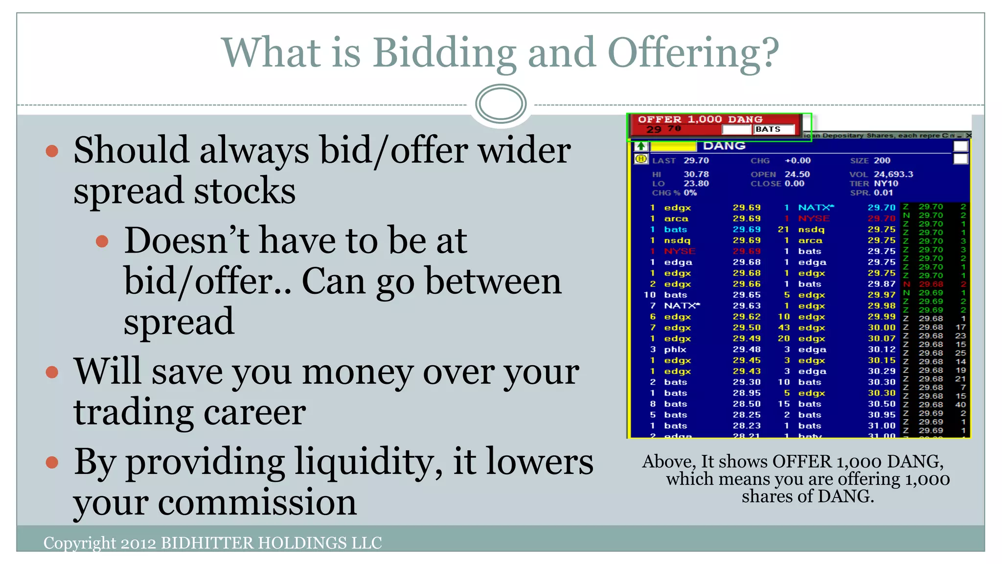 What is Bidding and Offering?
Copyright 2012 BIDHITTER HOLDINGS LLC
Above, It shows OFFER 1,000 DANG,
which means you are offering 1,000
shares of DANG.
 Should always bid/offer wider
spread stocks
 Doesn’t have to be at
bid/offer.. Can go between
spread
 Will save you money over your
trading career
 By providing liquidity, it lowers
your commission
 