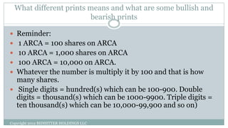 What different prints means and what are some bullish and
bearish prints
Copyright 2012 BIDHITTER HOLDINGS LLC
 Reminder:
 1 ARCA = 100 shares on ARCA
 10 ARCA = 1,000 shares on ARCA
 100 ARCA = 10,000 on ARCA.
 Whatever the number is multiply it by 100 and that is how
many shares.
 Single digits = hundred(s) which can be 100-900. Double
digits = thousand(s) which can be 1000-9900. Triple digits =
ten thousand(s) which can be 10,000-99,900 and so on)
 