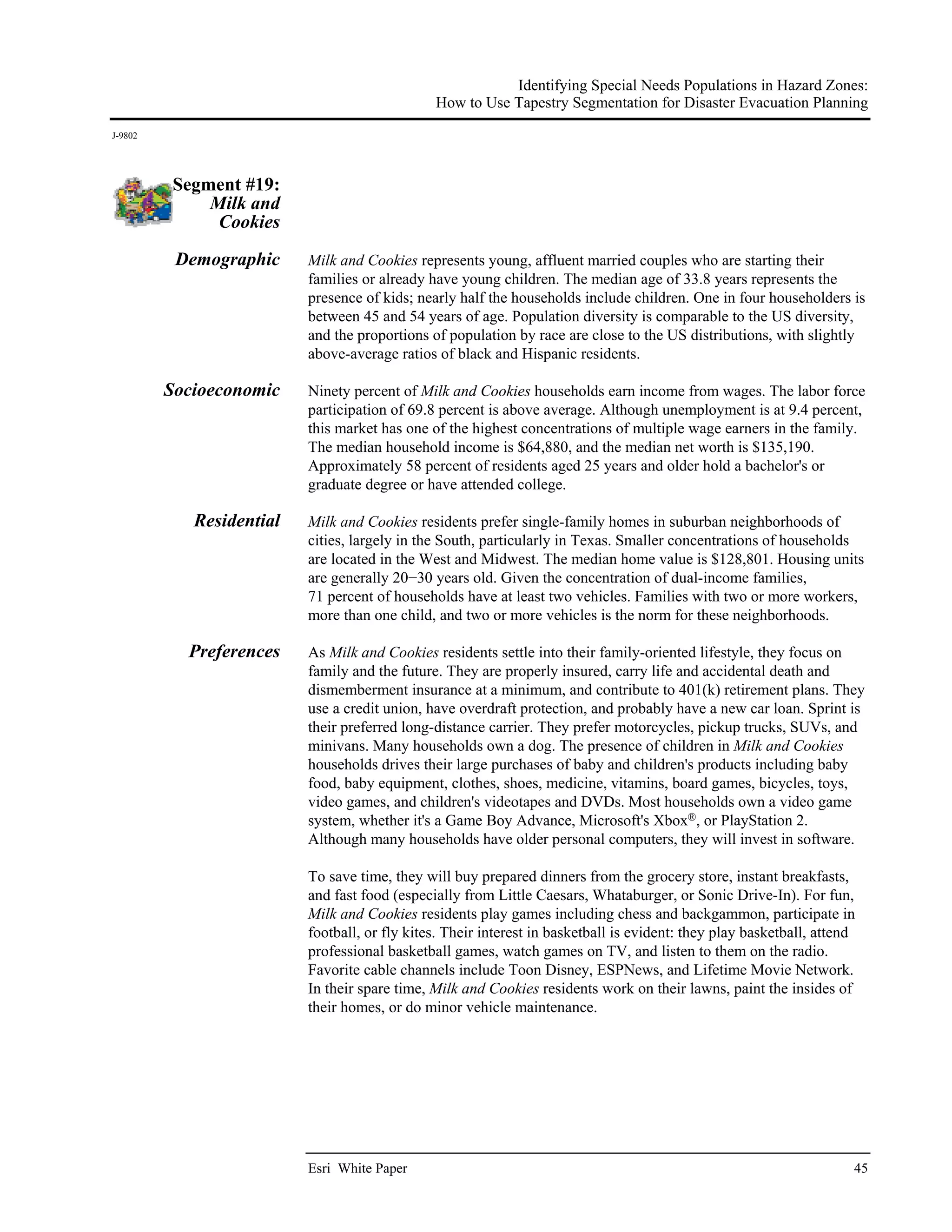 Identifying Special Needs Populations in Hazard Zones:
                                               How to Use Tapestry Segmentation for Disaster Evacuation Planning
J-9802




         Segment #19:
             Milk and
              Cookies

          Demographic     Milk and Cookies represents young, affluent married couples who are starting their
                          families or already have young children. The median age of 33.8 years represents the
                          presence of kids; nearly half the households include children. One in four householders is
                          between 45 and 54 years of age. Population diversity is comparable to the US diversity,
                          and the proportions of population by race are close to the US distributions, with slightly
                          above-average ratios of black and Hispanic residents.

         Socioeconomic    Ninety percent of Milk and Cookies households earn income from wages. The labor force
                          participation of 69.8 percent is above average. Although unemployment is at 9.4 percent,
                          this market has one of the highest concentrations of multiple wage earners in the family.
                          The median household income is $64,880, and the median net worth is $135,190.
                          Approximately 58 percent of residents aged 25 years and older hold a bachelor's or
                          graduate degree or have attended college.

            Residential   Milk and Cookies residents prefer single-family homes in suburban neighborhoods of
                          cities, largely in the South, particularly in Texas. Smaller concentrations of households
                          are located in the West and Midwest. The median home value is $128,801. Housing units
                          are generally 20−30 years old. Given the concentration of dual-income families,
                          71 percent of households have at least two vehicles. Families with two or more workers,
                          more than one child, and two or more vehicles is the norm for these neighborhoods.

           Preferences    As Milk and Cookies residents settle into their family-oriented lifestyle, they focus on
                          family and the future. They are properly insured, carry life and accidental death and
                          dismemberment insurance at a minimum, and contribute to 401(k) retirement plans. They
                          use a credit union, have overdraft protection, and probably have a new car loan. Sprint is
                          their preferred long-distance carrier. They prefer motorcycles, pickup trucks, SUVs, and
                          minivans. Many households own a dog. The presence of children in Milk and Cookies
                          households drives their large purchases of baby and children's products including baby
                          food, baby equipment, clothes, shoes, medicine, vitamins, board games, bicycles, toys,
                          video games, and children's videotapes and DVDs. Most households own a video game
                          system, whether it's a Game Boy Advance, Microsoft's Xbox®, or PlayStation 2.
                          Although many households have older personal computers, they will invest in software.

                          To save time, they will buy prepared dinners from the grocery store, instant breakfasts,
                          and fast food (especially from Little Caesars, Whataburger, or Sonic Drive-In). For fun,
                          Milk and Cookies residents play games including chess and backgammon, participate in
                          football, or fly kites. Their interest in basketball is evident: they play basketball, attend
                          professional basketball games, watch games on TV, and listen to them on the radio.
                          Favorite cable channels include Toon Disney, ESPNews, and Lifetime Movie Network.
                          In their spare time, Milk and Cookies residents work on their lawns, paint the insides of
                          their homes, or do minor vehicle maintenance.




                          Esri White Paper                                                                            45
 