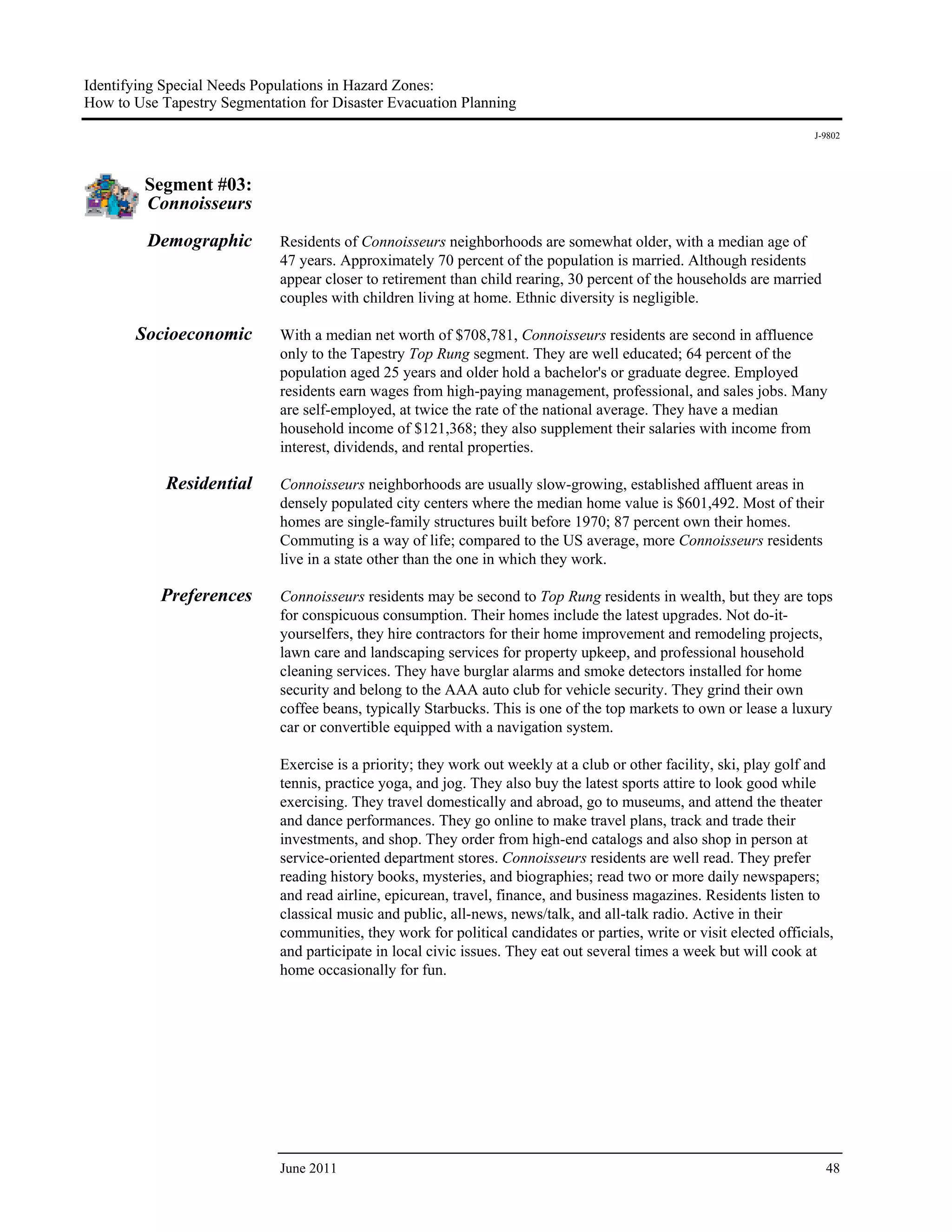 Identifying Special Needs Populations in Hazard Zones:
How to Use Tapestry Segmentation for Disaster Evacuation Planning
                                                                                                                      J-9802




         Segment #03:
         Connoisseurs

         Demographic         Residents of Connoisseurs neighborhoods are somewhat older, with a median age of
                             47 years. Approximately 70 percent of the population is married. Although residents
                             appear closer to retirement than child rearing, 30 percent of the households are married
                             couples with children living at home. Ethnic diversity is negligible.

       Socioeconomic         With a median net worth of $708,781, Connoisseurs residents are second in affluence
                             only to the Tapestry Top Rung segment. They are well educated; 64 percent of the
                             population aged 25 years and older hold a bachelor's or graduate degree. Employed
                             residents earn wages from high-paying management, professional, and sales jobs. Many
                             are self-employed, at twice the rate of the national average. They have a median
                             household income of $121,368; they also supplement their salaries with income from
                             interest, dividends, and rental properties.

            Residential      Connoisseurs neighborhoods are usually slow-growing, established affluent areas in
                             densely populated city centers where the median home value is $601,492. Most of their
                             homes are single-family structures built before 1970; 87 percent own their homes.
                             Commuting is a way of life; compared to the US average, more Connoisseurs residents
                             live in a state other than the one in which they work.

           Preferences       Connoisseurs residents may be second to Top Rung residents in wealth, but they are tops
                             for conspicuous consumption. Their homes include the latest upgrades. Not do-it-
                             yourselfers, they hire contractors for their home improvement and remodeling projects,
                             lawn care and landscaping services for property upkeep, and professional household
                             cleaning services. They have burglar alarms and smoke detectors installed for home
                             security and belong to the AAA auto club for vehicle security. They grind their own
                             coffee beans, typically Starbucks. This is one of the top markets to own or lease a luxury
                             car or convertible equipped with a navigation system.

                             Exercise is a priority; they work out weekly at a club or other facility, ski, play golf and
                             tennis, practice yoga, and jog. They also buy the latest sports attire to look good while
                             exercising. They travel domestically and abroad, go to museums, and attend the theater
                             and dance performances. They go online to make travel plans, track and trade their
                             investments, and shop. They order from high-end catalogs and also shop in person at
                             service-oriented department stores. Connoisseurs residents are well read. They prefer
                             reading history books, mysteries, and biographies; read two or more daily newspapers;
                             and read airline, epicurean, travel, finance, and business magazines. Residents listen to
                             classical music and public, all-news, news/talk, and all-talk radio. Active in their
                             communities, they work for political candidates or parties, write or visit elected officials,
                             and participate in local civic issues. They eat out several times a week but will cook at
                             home occasionally for fun.




                             June 2011                                                                                  48
 