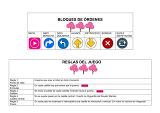 BLOQUES DE ÓRDENES
INICIO GIRO
DERECHA
GIRO
IZQUIERDA
AVANCE RETROCESO BORRAR BUCLE
(REPETICIÓN)
REGLAS DEL JUEGO
Regla 1:...