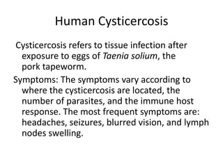 Human Cysticercosis
Cysticercosis refers to tissue infection after
  exposure to eggs of Taenia solium, the
  pork tapeworm.
Symptoms: The symptoms vary according to
  where the cysticercosis are located, the
  number of parasites, and the immune host
  response. The most frequent symptoms are:
  headaches, seizures, blurred vision, and lymph
  nodes swelling.
 