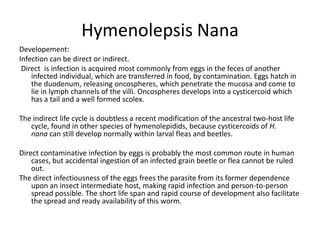 Hymenolepsis Nana
Developement:
Infection can be direct or indirect.
 Direct is infection is acquired most commonly from eggs in the feces of another
    infected individual, which are transferred in food, by contamination. Eggs hatch in
    the duodenum, releasing oncospheres, which penetrate the mucosa and come to
    lie in lymph channels of the villi. Oncospheres develops into a cysticercoid which
    has a tail and a well formed scolex.

The indirect life cycle is doubtless a recent modification of the ancestral two-host life
   cycle, found in other species of hymenolepidids, because cysticercoids of H.
   nana can still develop normally within larval fleas and beetles.

Direct contaminative infection by eggs is probably the most common route in human
    cases, but accidental ingestion of an infected grain beetle or flea cannot be ruled
    out.
The direct infectiousness of the eggs frees the parasite from its former dependence
    upon an insect intermediate host, making rapid infection and person-to-person
    spread possible. The short life span and rapid course of development also facilitate
    the spread and ready availability of this worm.
 