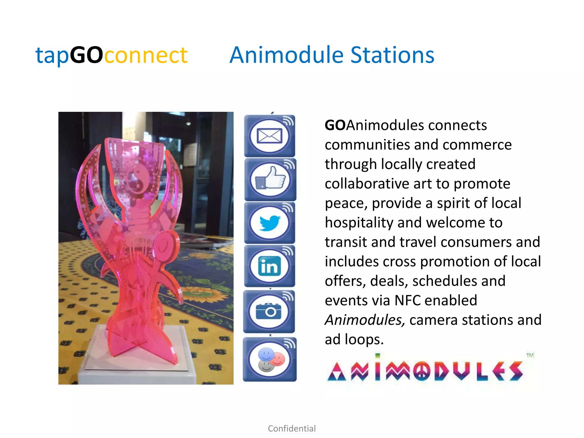 tapGOconnect Animodule Stations
GOAnimodules connects
communities and commerce
through locally created
collaborative art to promote
peace, provide a spirit of local
hospitality and welcome to
transit and travel consumers and
includes cross promotion of local
offers, deals, schedules and
events via NFC enabled
Animodules, camera stations and
ad loops.
Confidential
 
