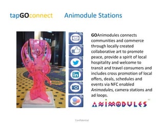 tapGOconnect Animodule Stations
GOAnimodules connects
communities and commerce
through locally created
collaborative art to promote
peace, provide a spirit of local
hospitality and welcome to
transit and travel consumers and
includes cross promotion of local
offers, deals, schedules and
events via NFC enabled
Animodules, camera stations and
ad loops.
Confidential
 