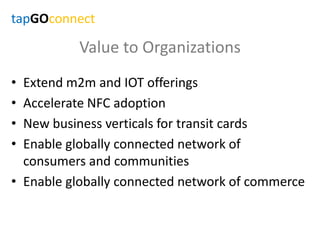 Value to Organizations
• Extend m2m and IOT offerings
• Accelerate NFC adoption
• New business verticals for transit cards
• Enable globally connected network of
consumers and communities
• Enable globally connected network of commerce
tapGOconnect
 