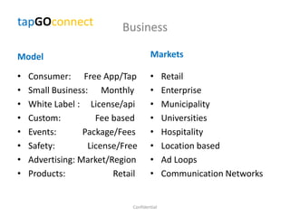 Business
Model
• Consumer: Free App/Tap
• Small Business: Monthly
• White Label : License/api
• Custom: Fee based
• Events: Package/Fees
• Safety: License/Free
• Advertising: Market/Region
• Products: Retail
Markets
• Retail
• Enterprise
• Municipality
• Universities
• Hospitality
• Location based
• Ad Loops
• Communication Networks
Confidential
tapGOconnect
 