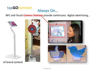 Always On…
NFC and Touch Camera Stations provide continuous digital advertising…
tapGOconnect
Confidential
of brand content
 