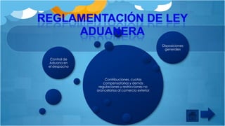 Disposiciones
generales

Control de
Aduana en
el despacho

Contribuciones, cuotas
compensatorias y demás
regulaciones y restricciones no
arancelarias al comercio exterior

 