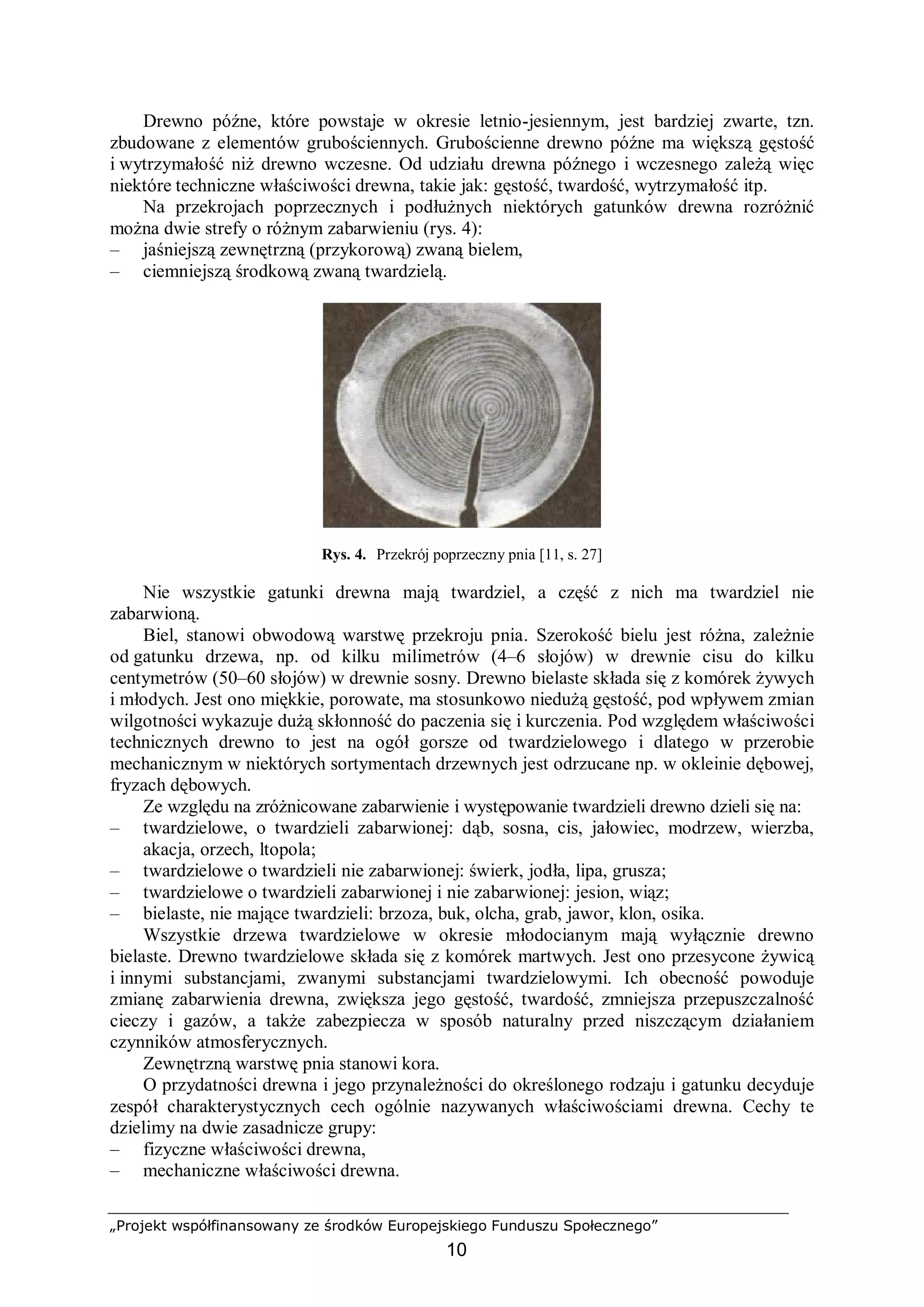 „Projekt współfinansowany ze środków Europejskiego Funduszu Społecznego”
10
Drewno późne, które powstaje w okresie letnio-jesiennym, jest bardziej zwarte, tzn.
zbudowane z elementów grubościennych. Grubościenne drewno późne ma większą gęstość
i wytrzymałość niż drewno wczesne. Od udziału drewna późnego i wczesnego zależą więc
niektóre techniczne właściwości drewna, takie jak: gęstość, twardość, wytrzymałość itp.
Na przekrojach poprzecznych i podłużnych niektórych gatunków drewna rozróżnić
można dwie strefy o różnym zabarwieniu (rys. 4):
– jaśniejszą zewnętrzną (przykorową) zwaną bielem,
– ciemniejszą środkową zwaną twardzielą.
Rys. 4. Przekrój poprzeczny pnia [11, s. 27]
Nie wszystkie gatunki drewna mają twardziel, a część z nich ma twardziel nie
zabarwioną.
Biel, stanowi obwodową warstwę przekroju pnia. Szerokość bielu jest różna, zależnie
od gatunku drzewa, np. od kilku milimetrów (4–6 słojów) w drewnie cisu do kilku
centymetrów (50–60 słojów) w drewnie sosny. Drewno bielaste składa się z komórek żywych
i młodych. Jest ono miękkie, porowate, ma stosunkowo niedużą gęstość, pod wpływem zmian
wilgotności wykazuje dużą skłonność do paczenia się i kurczenia. Pod względem właściwości
technicznych drewno to jest na ogół gorsze od twardzielowego i dlatego w przerobie
mechanicznym w niektórych sortymentach drzewnych jest odrzucane np. w okleinie dębowej,
fryzach dębowych.
Ze względu na zróżnicowane zabarwienie i występowanie twardzieli drewno dzieli się na:
– twardzielowe, o twardzieli zabarwionej: dąb, sosna, cis, jałowiec, modrzew, wierzba,
akacja, orzech, ltopola;
– twardzielowe o twardzieli nie zabarwionej: świerk, jodła, lipa, grusza;
– twardzielowe o twardzieli zabarwionej i nie zabarwionej: jesion, wiąz;
– bielaste, nie mające twardzieli: brzoza, buk, olcha, grab, jawor, klon, osika.
Wszystkie drzewa twardzielowe w okresie młodocianym mają wyłącznie drewno
bielaste. Drewno twardzielowe składa się z komórek martwych. Jest ono przesycone żywicą
i innymi substancjami, zwanymi substancjami twardzielowymi. Ich obecność powoduje
zmianę zabarwienia drewna, zwiększa jego gęstość, twardość, zmniejsza przepuszczalność
cieczy i gazów, a także zabezpiecza w sposób naturalny przed niszczącym działaniem
czynników atmosferycznych.
Zewnętrzną warstwę pnia stanowi kora.
O przydatności drewna i jego przynależności do określonego rodzaju i gatunku decyduje
zespół charakterystycznych cech ogólnie nazywanych właściwościami drewna. Cechy te
dzielimy na dwie zasadnicze grupy:
– fizyczne właściwości drewna,
– mechaniczne właściwości drewna.
 