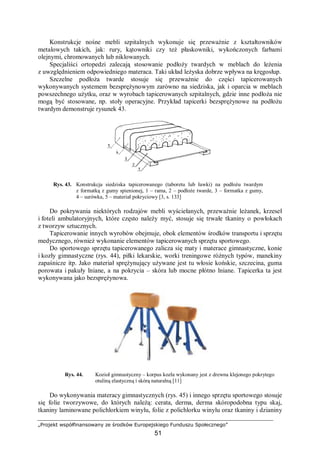 „Projekt współfinansowany ze środków Europejskiego Funduszu Społecznego”
51
Konstrukcje nośne mebli szpitalnych wykonuje się przeważnie z kształtowników
metalowych takich, jak: rury, kątowniki czy też płaskowniki, wykończonych farbami
olejnymi, chromowanych lub niklowanych.
Specjaliści ortopedzi zalecają stosowanie podłoży twardych w meblach do leżenia
z uwzględnieniem odpowiedniego materaca. Taki układ leżyska dobrze wpływa na kręgosłup.
Szczelne podłoża twarde stosuje się przeważnie do części tapicerowanych
wykonywanych systemem bezsprężynowym zarówno na siedziska, jak i oparcia w meblach
powszechnego użytku, oraz w wyrobach tapicerowanych szpitalnych, gdzie inne podłoża nie
mogą być stosowane, np. stoły operacyjne. Przykład tapicerki bezsprężynowe na podłożu
twardym demonstruje rysunek 43.
Rys. 43. Konstrukcja siedziska tapicerowanego (taboretu lub ławki) na podłożu twardym
z formatką z gumy spienionej, 1 – rama, 2 – podłoże twarde, 3 – formatka z gumy,
4 – surówka, 5 – materiał pokryciowy [3, s. 133]
Do pokrywania niektórych rodzajów mebli wyściełanych, przeważnie leżanek, krzeseł
i foteli ambulatoryjnych, które często należy myć, stosuje się trwałe tkaniny o powłokach
z tworzyw sztucznych.
Tapicerowanie innych wyrobów obejmuje, obok elementów środków transportu i sprzętu
medycznego, również wykonanie elementów tapicerowanych sprzętu sportowego.
Do sportowego sprzętu tapicerowanego zalicza się maty i materace gimnastyczne, konie
i kozły gimnastyczne (rys. 44), piłki lekarskie, worki treningowe różnych typów, manekiny
zapaśnicze itp. Jako materiał sprężynujący używane jest tu włosie końskie, szczecina, guma
porowata i pakuły lniane, a na pokrycia – skóra lub mocne płótno lniane. Tapicerka ta jest
wykonywana jako bezsprężynowa.
Rys. 44. Kozioł gimnastyczny – korpus kozła wykonany jest z drewna klejonego pokrytego
otuliną elastyczną i skórą naturalną [11]
Do wykonywania materacy gimnastycznych (rys. 45) i innego sprzętu sportowego stosuje
się folie tworzywowe, do których należą: cerata, derma, derma skóropodobna typu skaj,
tkaniny laminowane polichlorkiem winylu, folie z polichlorku winylu oraz tkaniny i dzianiny
 