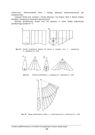 „Projekt współfinansowany ze środków Europejskiego Funduszu Społecznego”
68
i fachowości. Wielostronności form i rodzaju dekoracji okolicznościowych jest
nieograniczona.
Upinanie tkanin jest związane z formą dekoracji i jej krojem. Krój w dużym stopniu
decyduje o kompozycji elementów dekoracyjnych.
Sposoby przykrawanie tkanin oraz ich upinanie w różne układy dekoracyjne
przedstawiają rysunki 65–71.
Rys. 65. Sposób przekrojenia tkaniny do upięcia w kształcie rury: a – pojedynczej,
b – podwójnej [2, s. 264]
Rys. 66. Stożkowy układ tkanin: a – pojedynczy, b – podwójny [2, s. 265]
Rys. 67. Bogaty układ tkaniny w fałdy: a – w stanie gotowym, b – rozłożonym [2, s. 265]
 