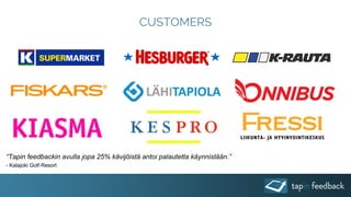 CUSTOMERS
“Tapin feedbackin avulla jopa 25% kävijöistä antoi palautetta käynnistään.”
- Kalajoki Golf Resort
 