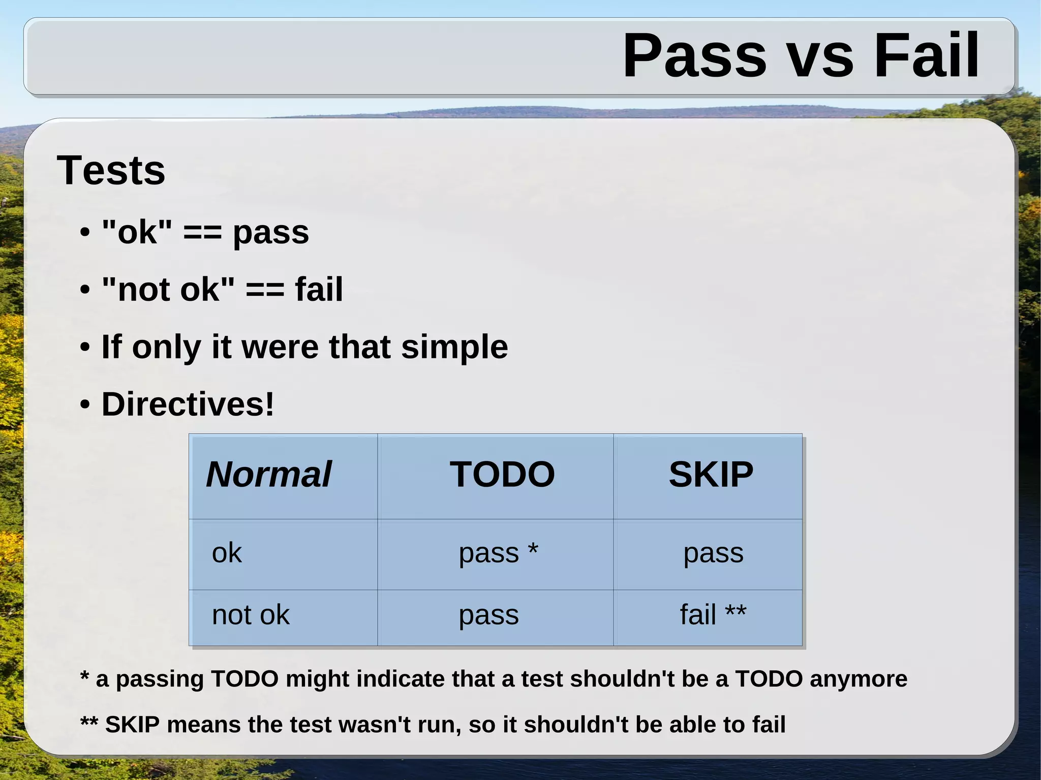 Pass vs Fail
Tests
 ●   "ok" == pass
 ●   "not ok" == fail
 ●   If only it were that simple
 ●   Directives!

            Normal                 TODO                SKIP

             ok                     pass *               pass

             not ok                 pass                 fail **

 * a passing TODO might indicate that a test shouldn't be a TODO anymore
 ** SKIP means the test wasn't run, so it shouldn't be able to fail
 