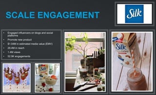 SCALE ENGAGEMENT
• Engaged influencers on blogs and social
platforms
• Promote new product
• $1.04M in estimated media value (EMV)
• 29.4M in reach
• 1.4M views
• 52.9K engagements
 