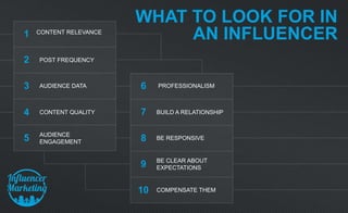 WHAT TO LOOK FOR IN
AN INFLUENCERCONTENT RELEVANCE
POST FREQUENCY
AUDIENCE DATA
CONTENT QUALITY
AUDIENCE
ENGAGEMENT
PROFESSIONALISM
BUILD A RELATIONSHIP
BE RESPONSIVE
BE CLEAR ABOUT
EXPECTATIONS
COMPENSATE THEM
1
2
3
4
5
6
7
8
9
10
 